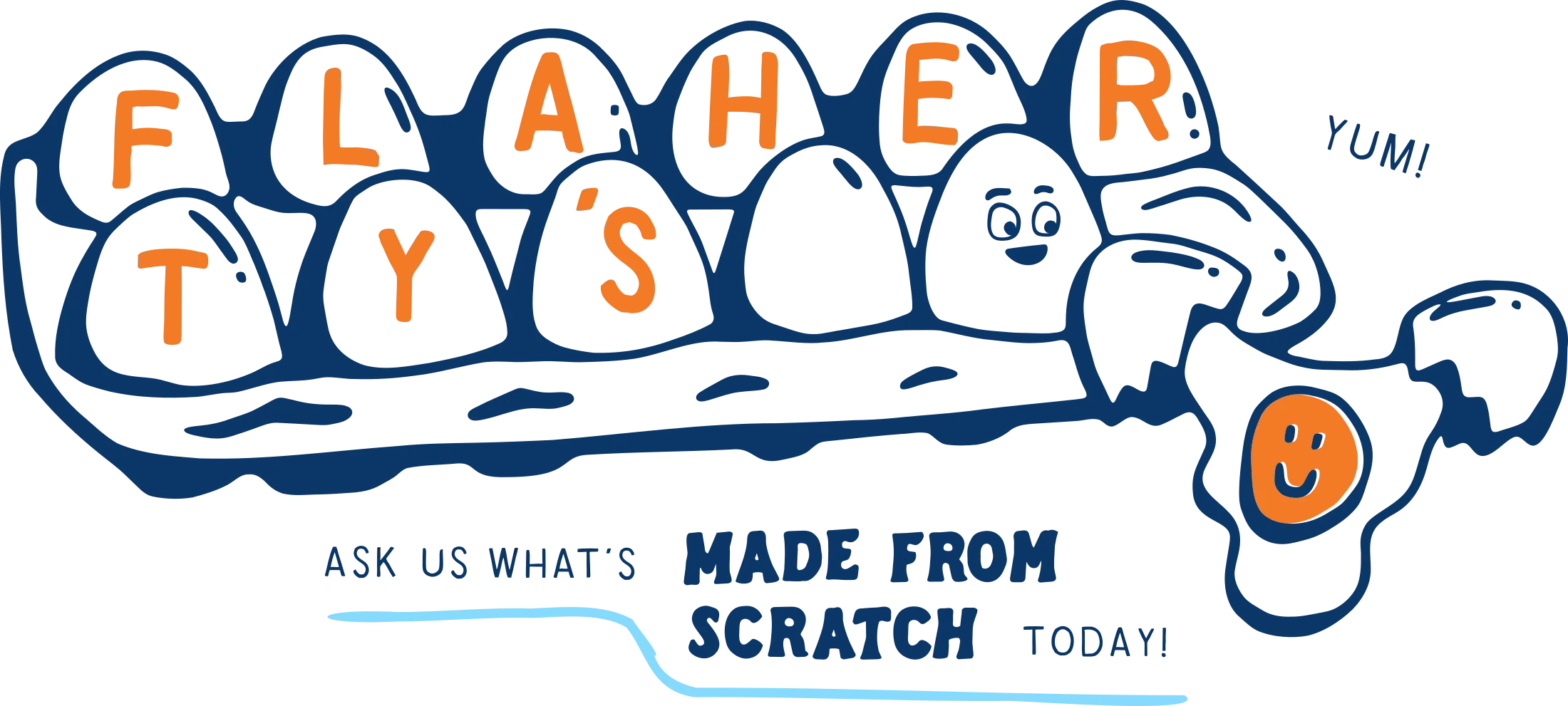 Flaherty’s illustrated egg carton with the words Ask us what’s made from scratch today.