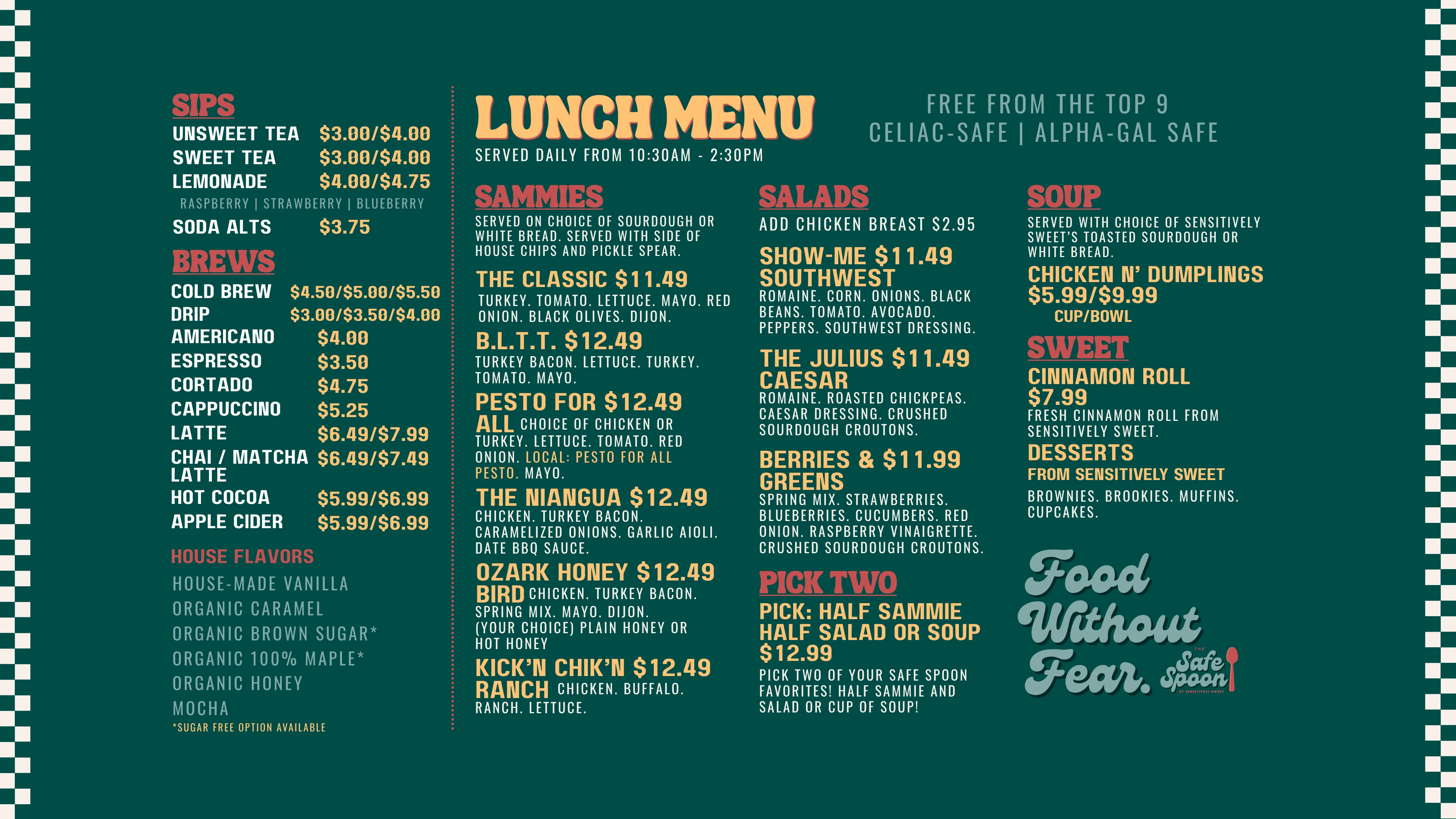 Lunch menu featuring gourmet sandwiches and salads