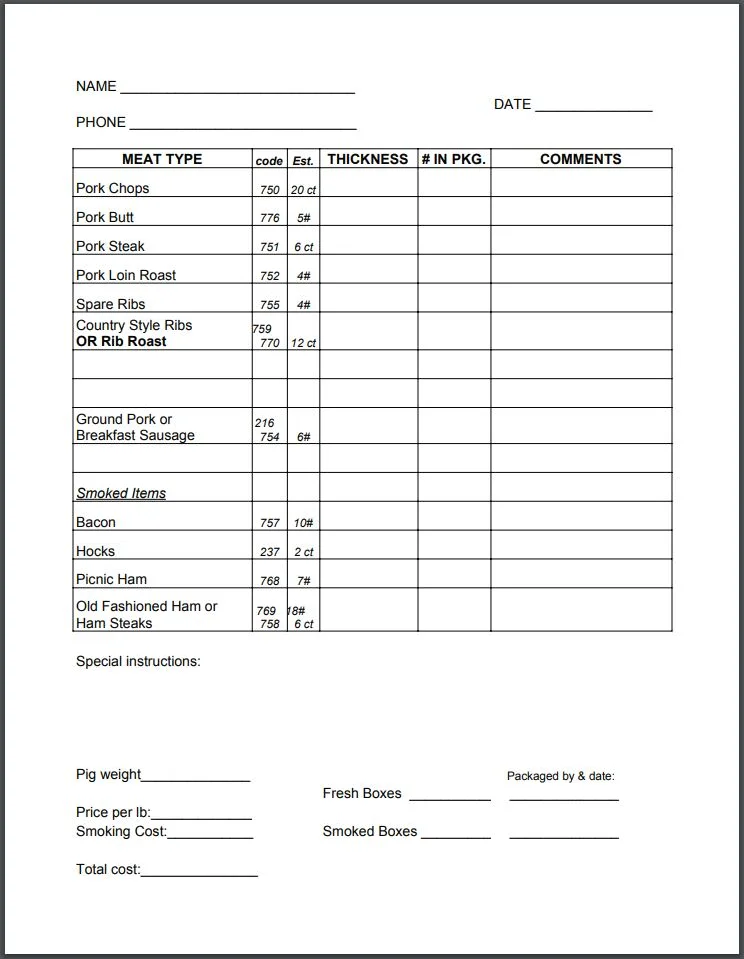 Meat order form for various pork cuts and smoked items