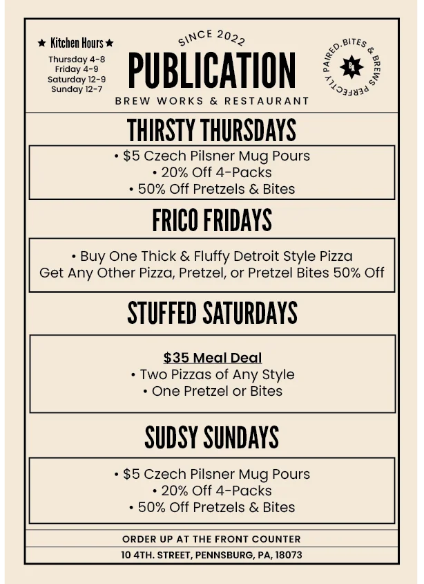 Weekly specials menu for a brew pub restaurant
