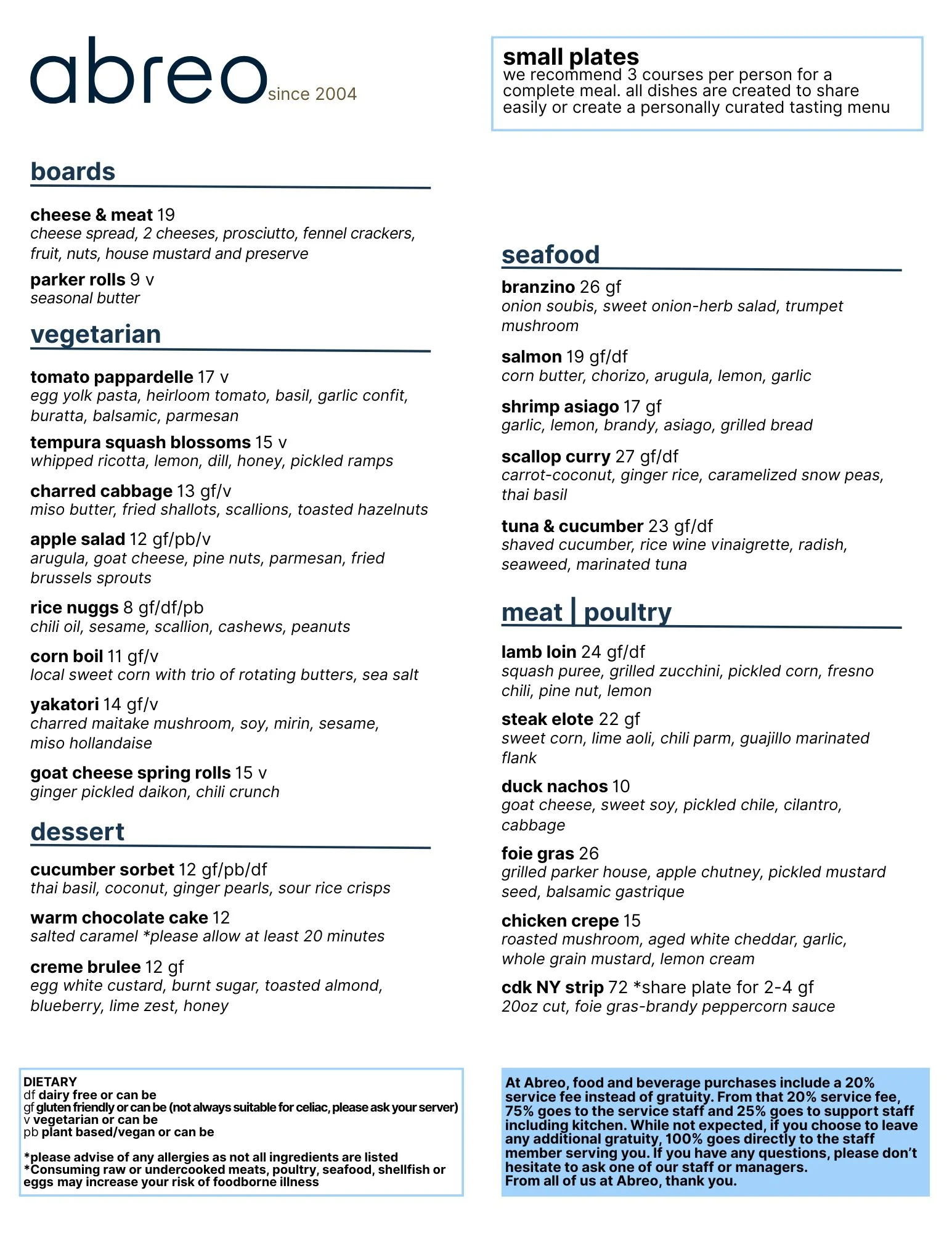 Diverse small plates menu at Abreo restaurant