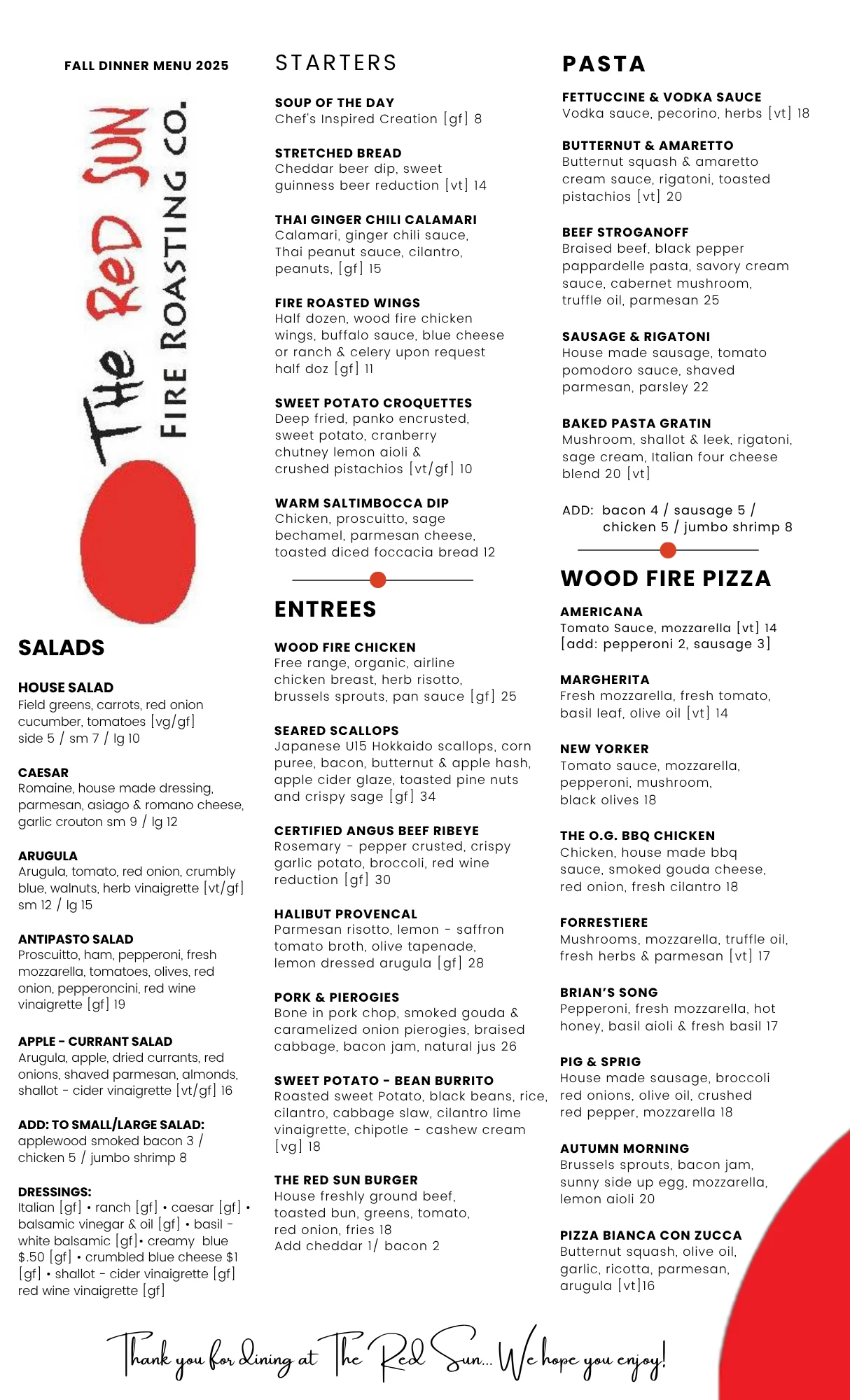 Fall dinner menu featuring diverse global dishes