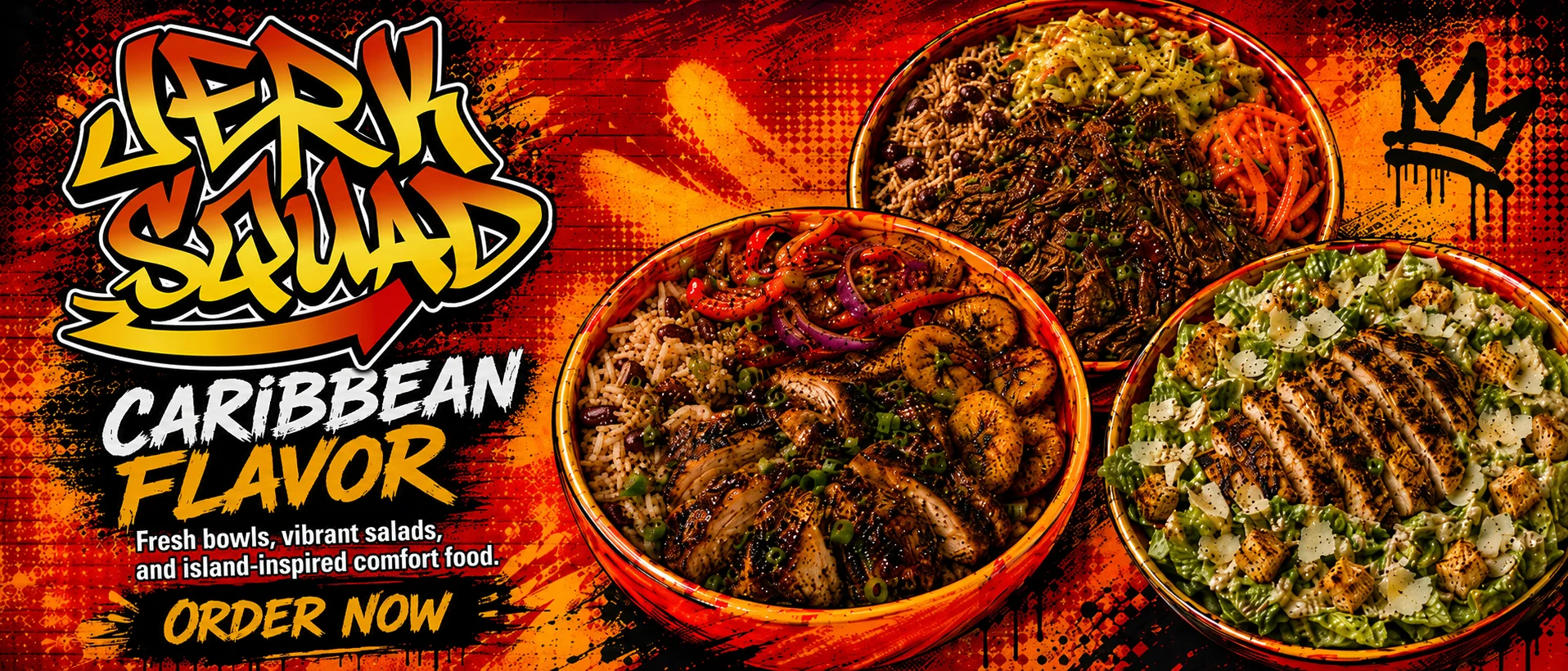 Jamaican jerk chicken bowls with vibrant packaging