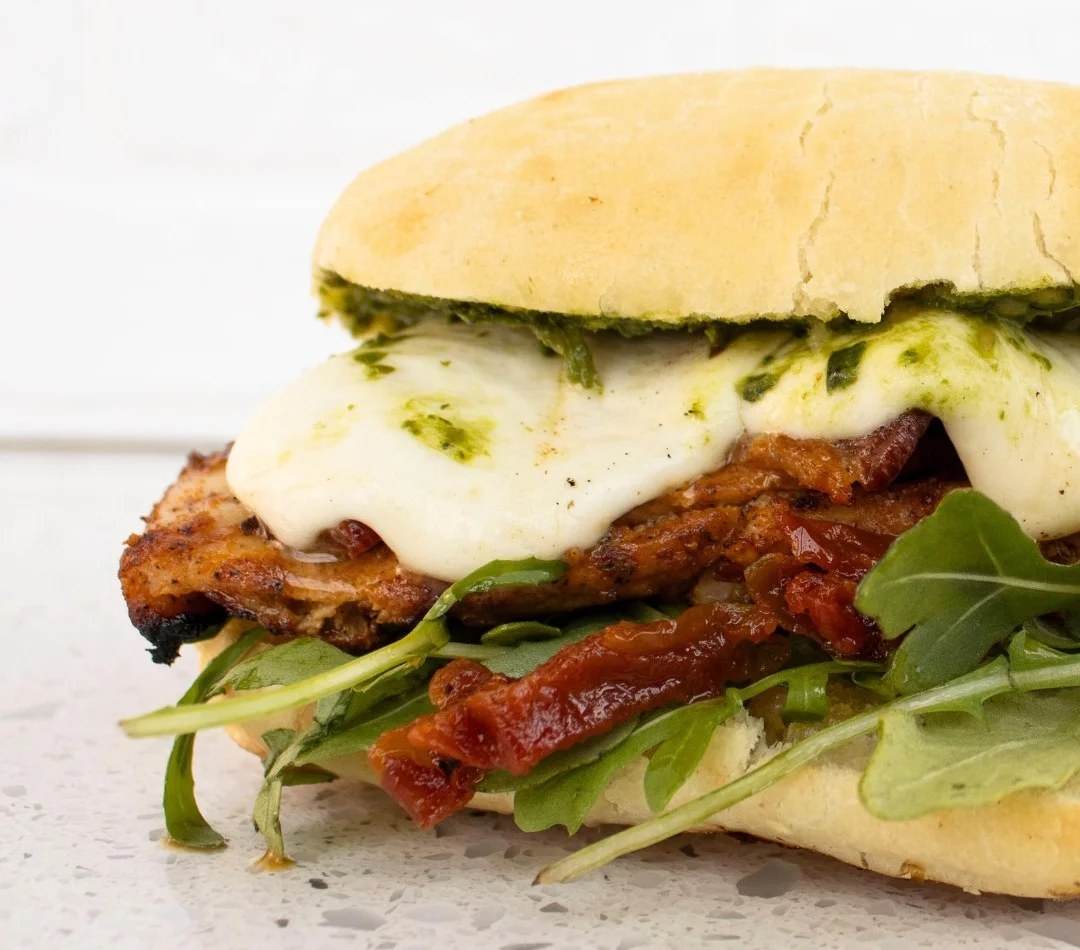 Grilled chicken sandwich with pesto and mozzarella