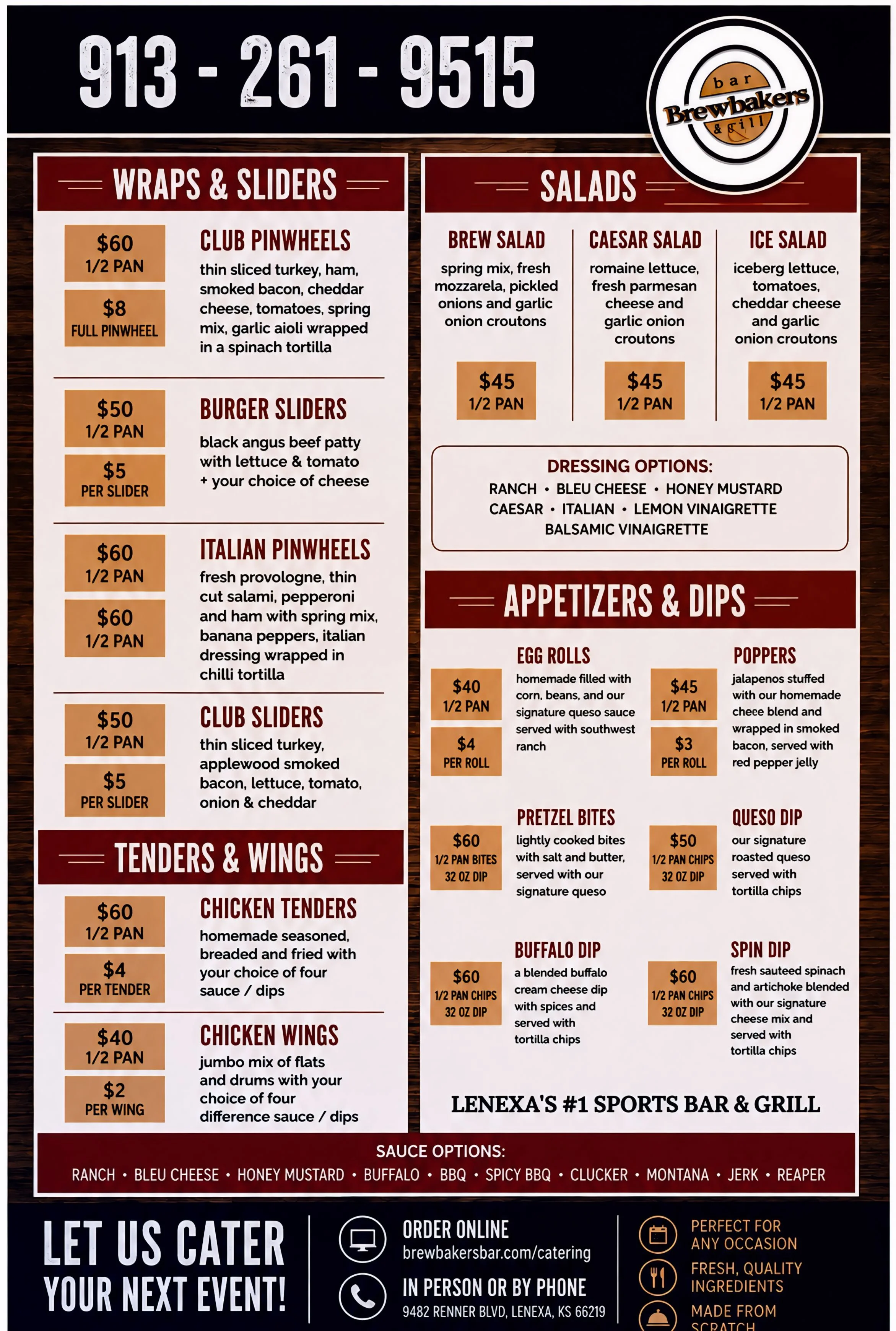 Catering menu from a sports bar featuring wraps, salads, and appetizers