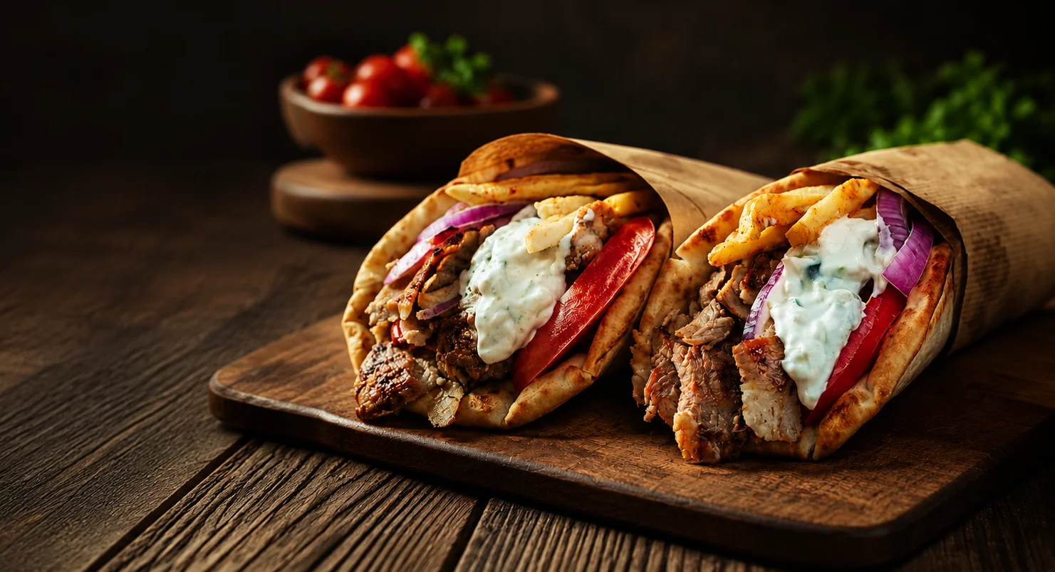 Delicious Greek gyros wrapped in pita with fries