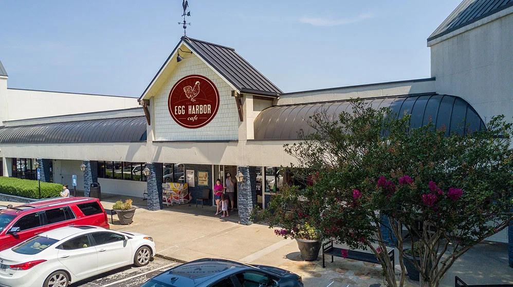 Exterior view of Egg Harbor Cafe with welcoming entrance
