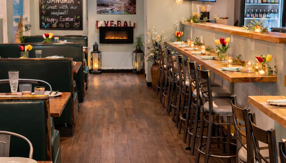 Elegant Valentine's dining room with romantic decor and table settings.
