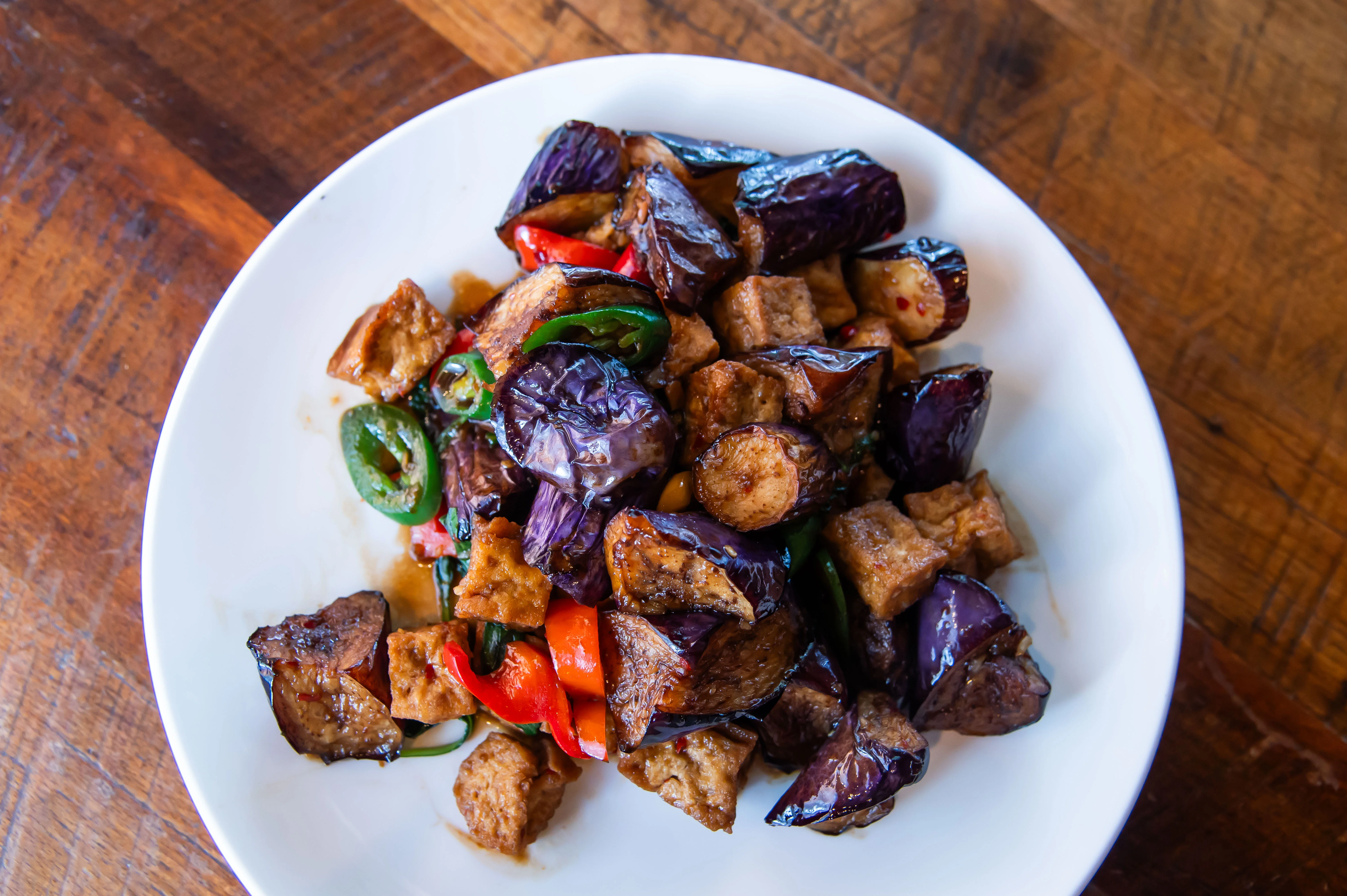 Stir-fried Chinese eggplant with tofu and peppers
