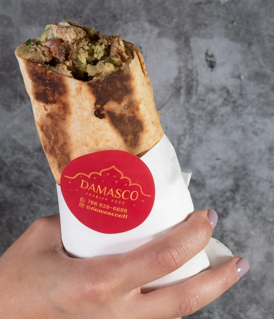 Delicious Arabian shawarma wrapped in flatbread