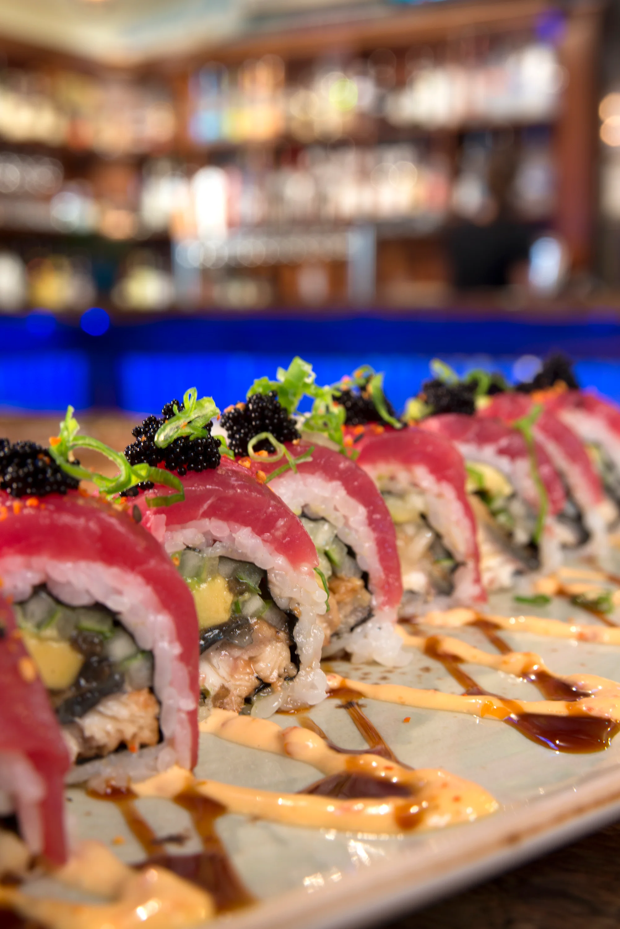Japanese sushi rolls with fresh tuna and caviar
