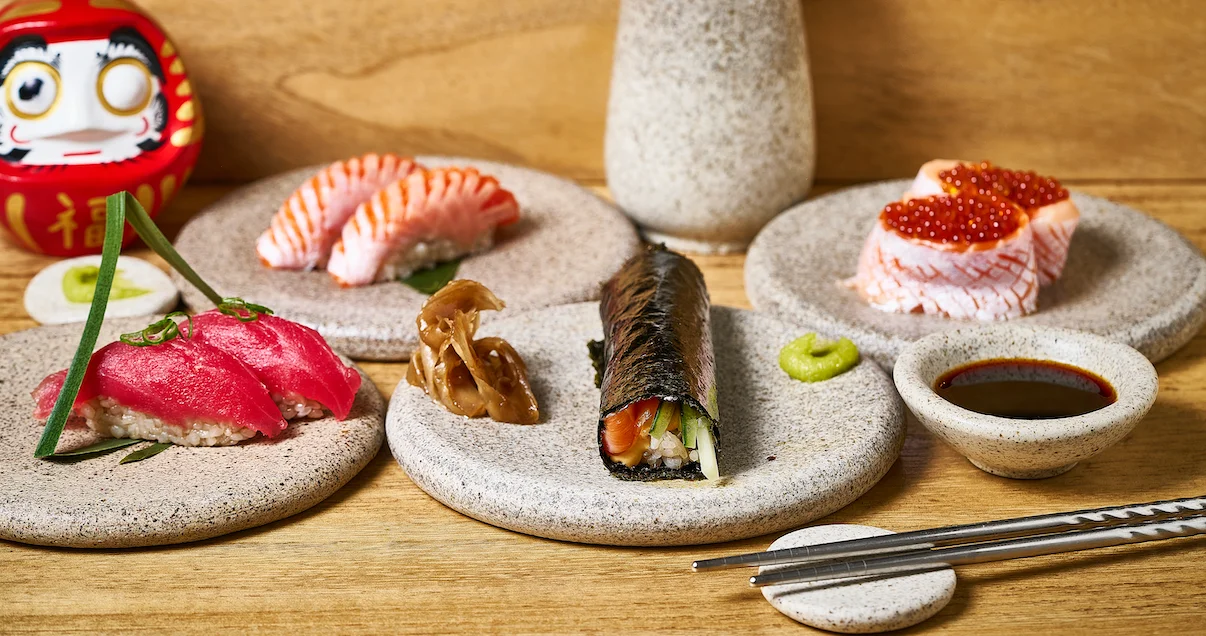 Assorted Japanese sushi platter with fresh fish and wasabi