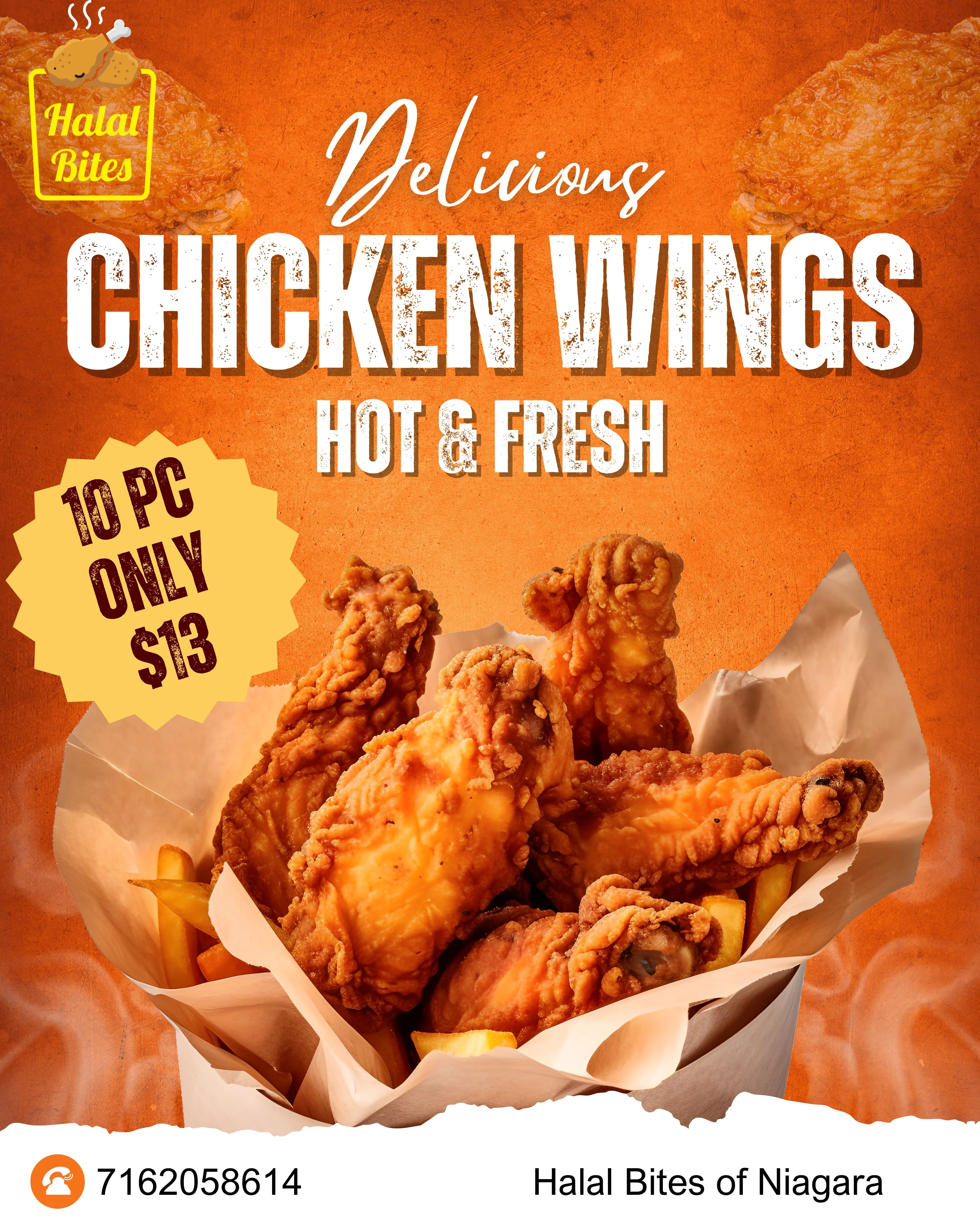 Crispy halal chicken wings served hot and fresh