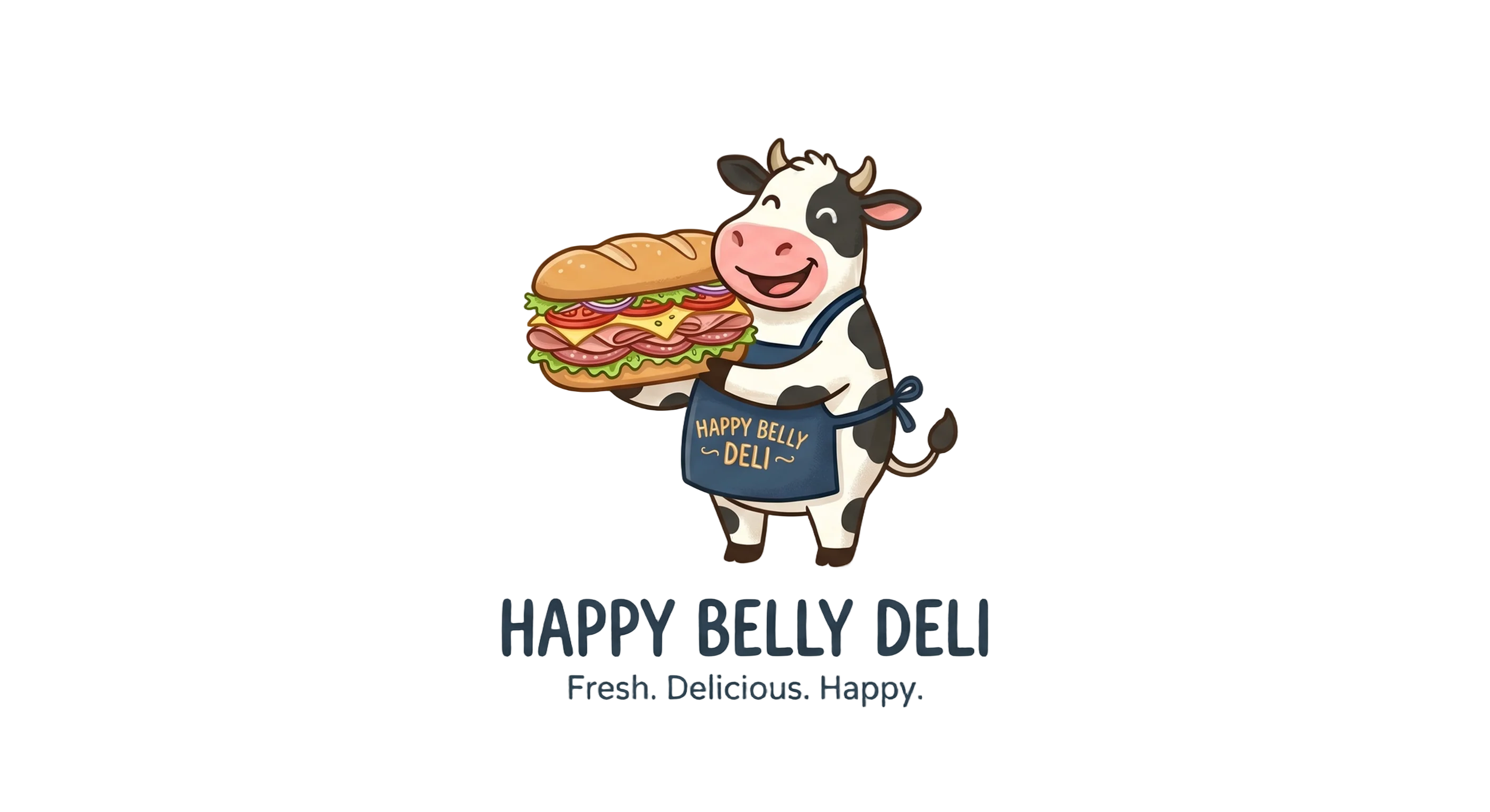 Cartoon cow holding a sandwich with 'Happy Belly Deli' logo.