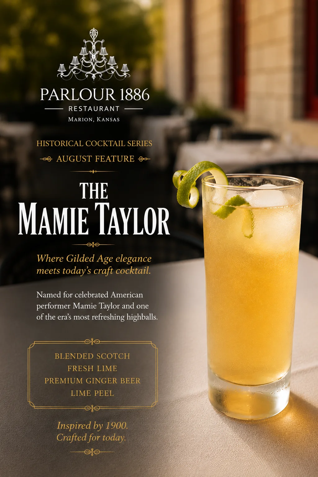 A refreshing Gin Rickey cocktail with lime at Parlour 1886 restaurant.