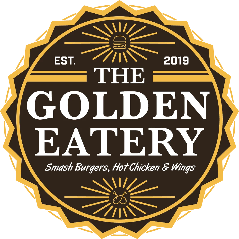 Logo of The Golden Eatery featuring burgers and wings