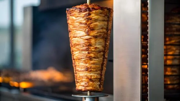 A stylized illustration of a rolled vegetable wrap filled with greens and a slice of cheese, set against a dark gradient background.