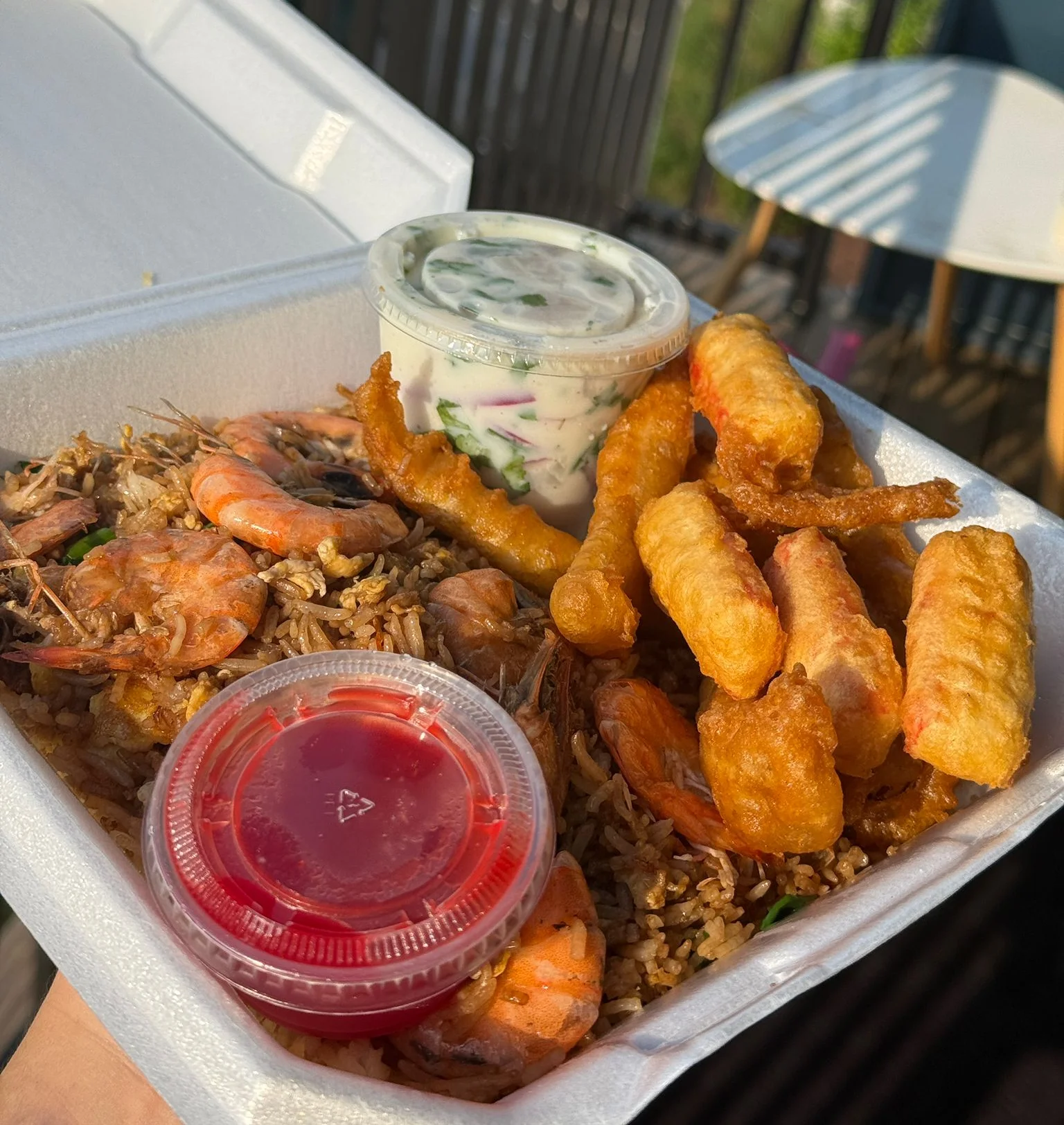 Shrimp fried rice with crispy shrimp and dipping sauces
