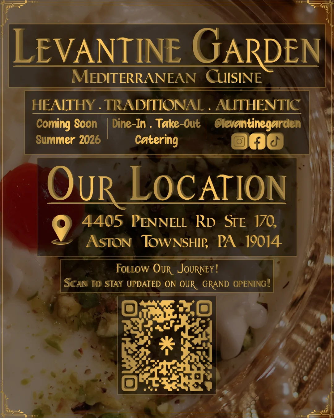 A promotional poster for Levantine Garden restaurant featuring Mediterranean cuisine. It includes information about the location, upcoming opening, and social media details.