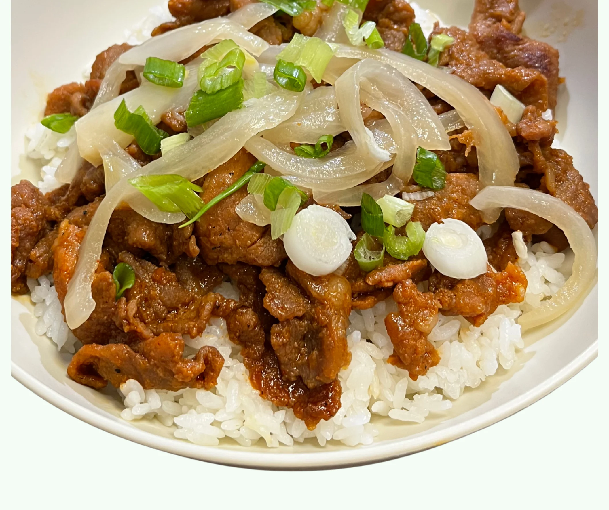 A plate of rice topped with stir-fried beef, onions, and green onions, creating an appetizing and hearty dish.