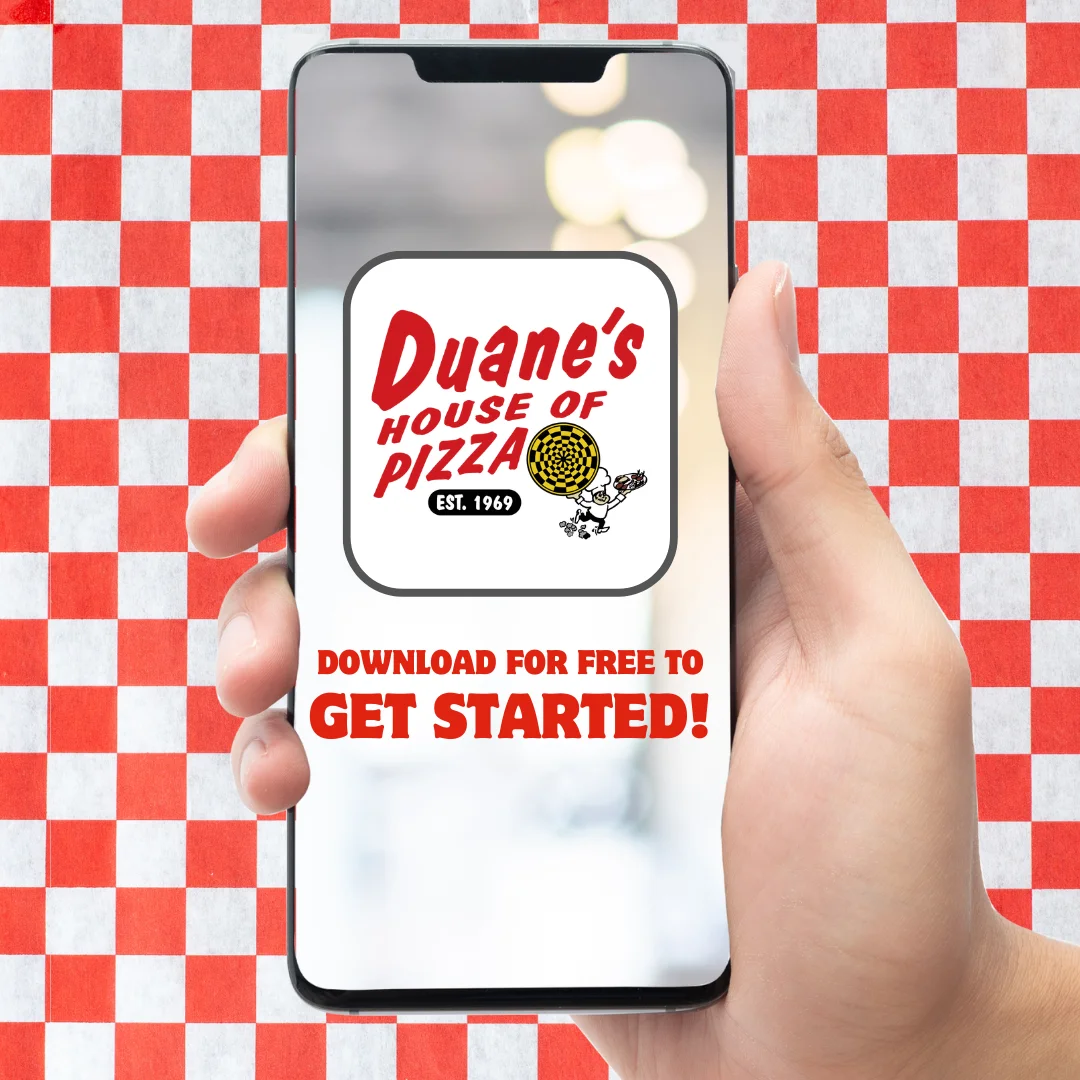 Mobile phone displaying Duane's House of Pizza app on a checkered background