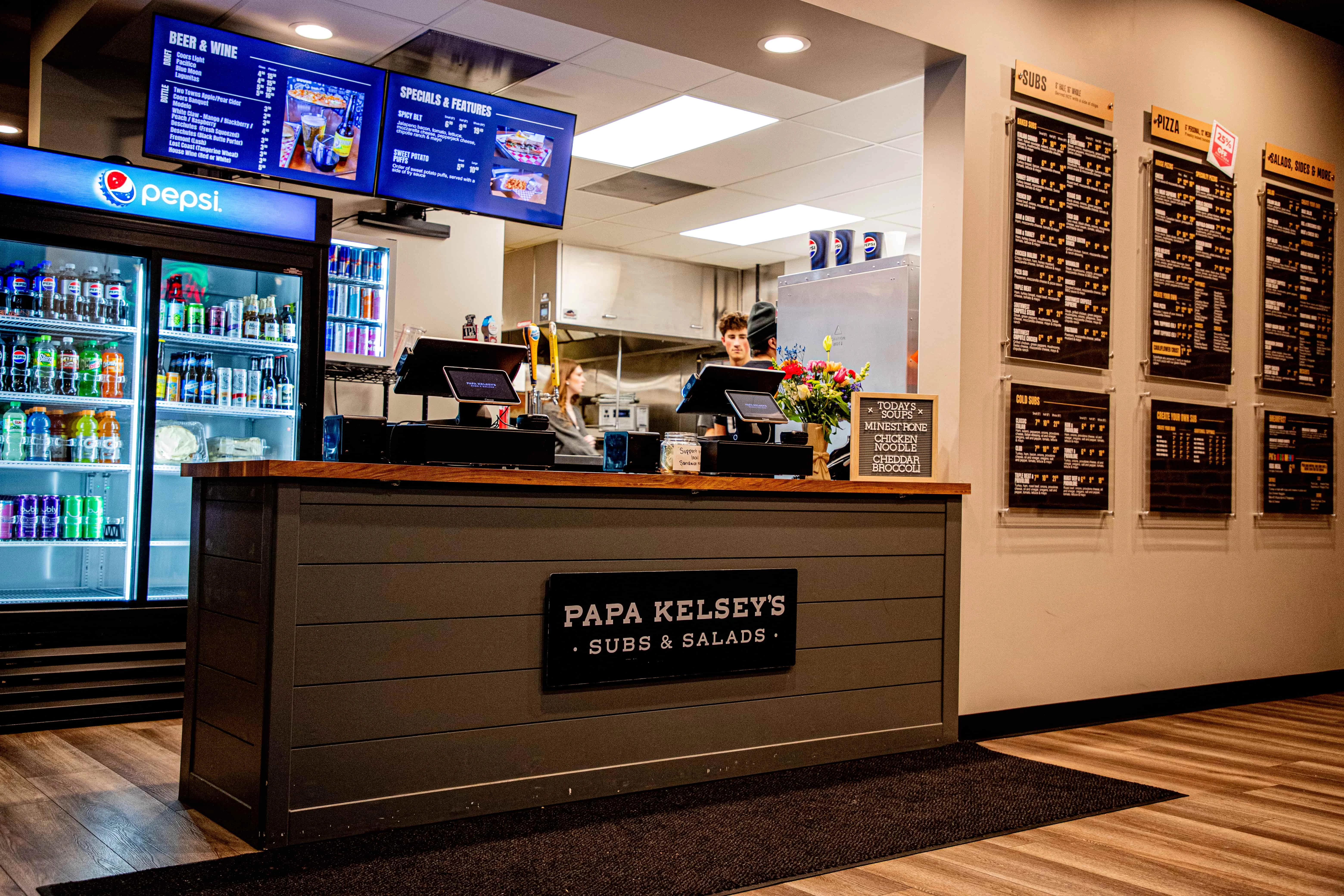 Cozy restaurant counter with menu and drinks
