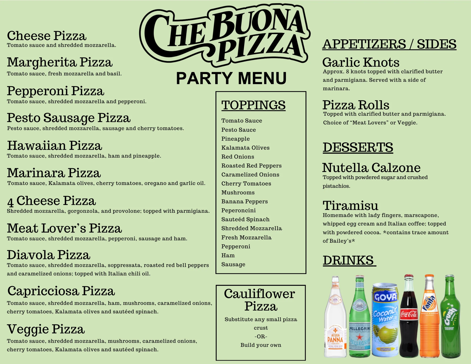 Variety of pizzas on a party menu from an Italian restaurant