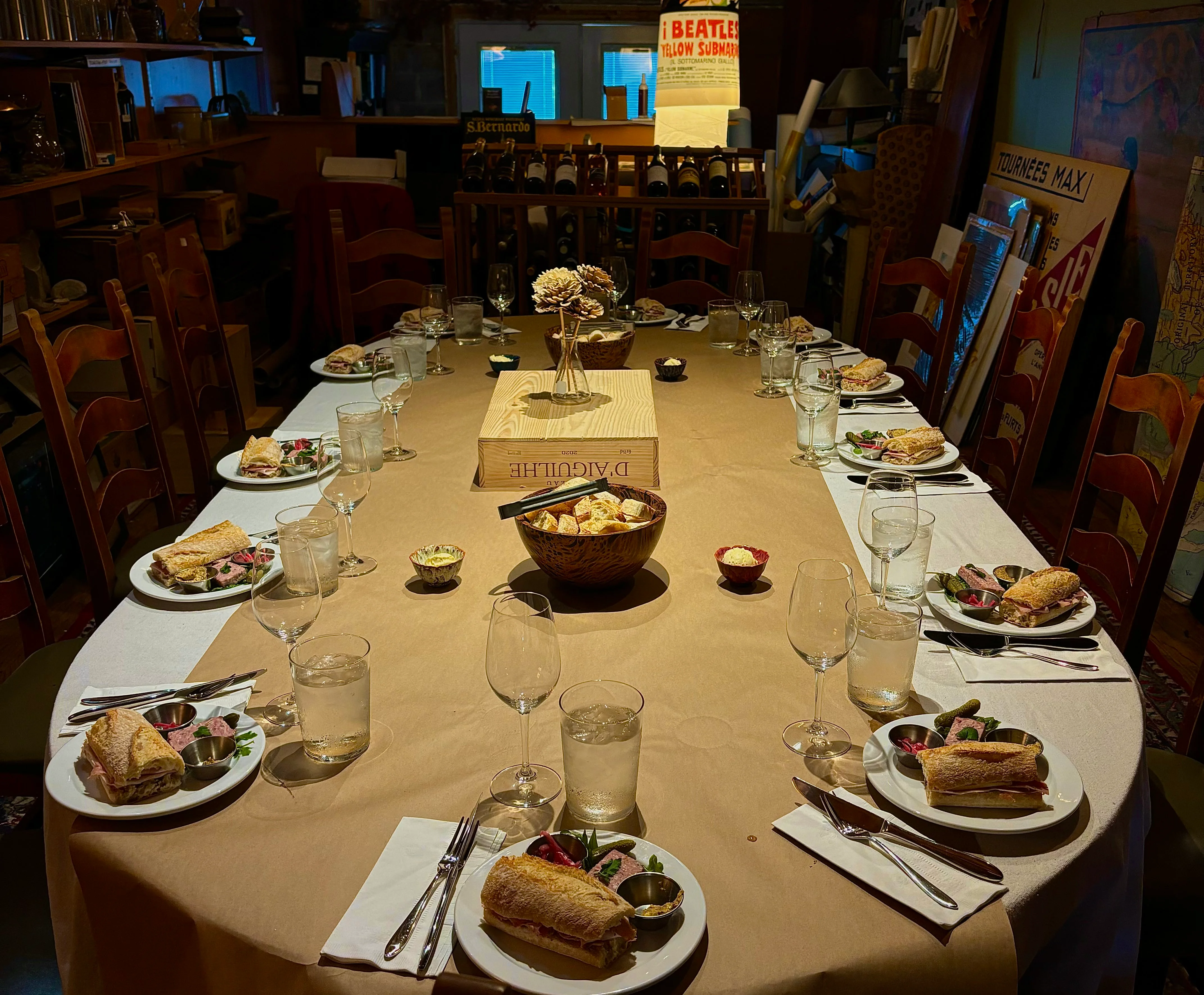 Cozy dining setup with sandwiches and elegant table settings