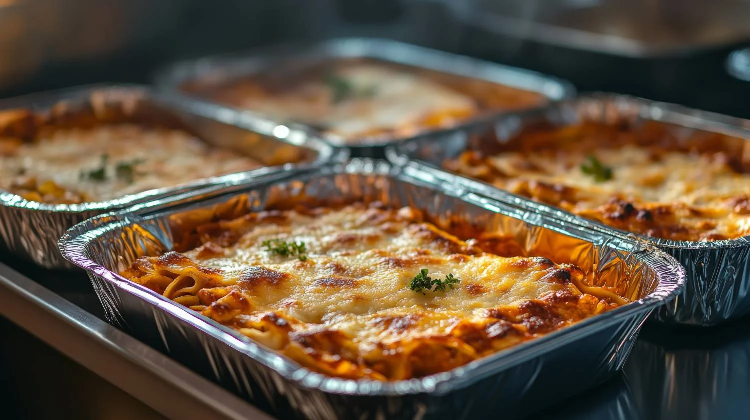 Baked lasagna in aluminum trays, hot and cheesy