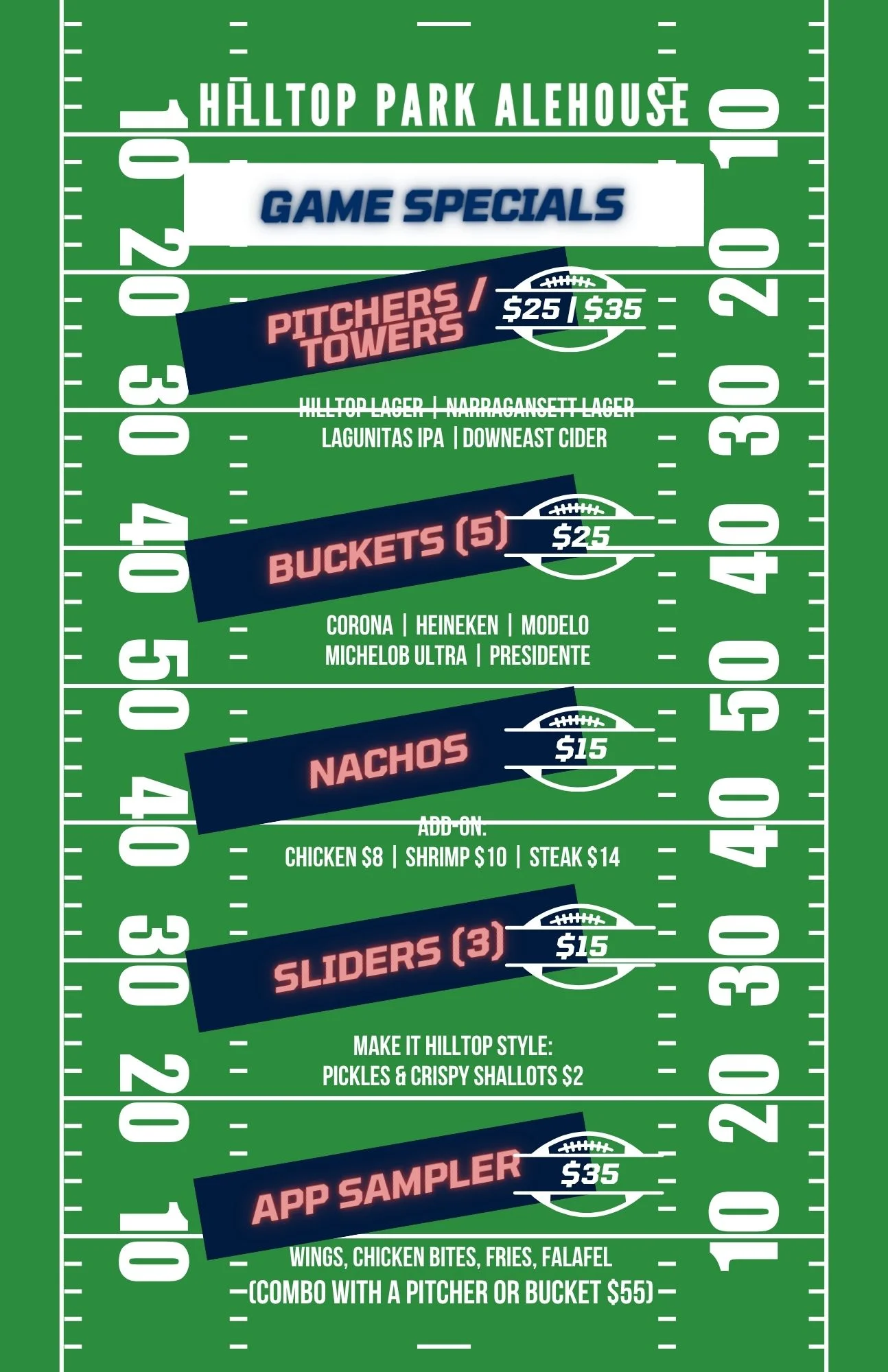 Hilltop Park Alehouse game specials menu graphic