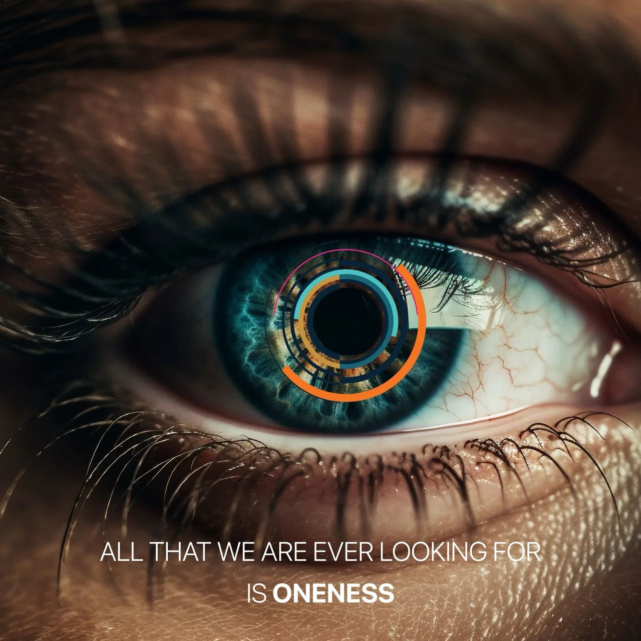 Close-up of an eye with digital elements symbolizing oneness