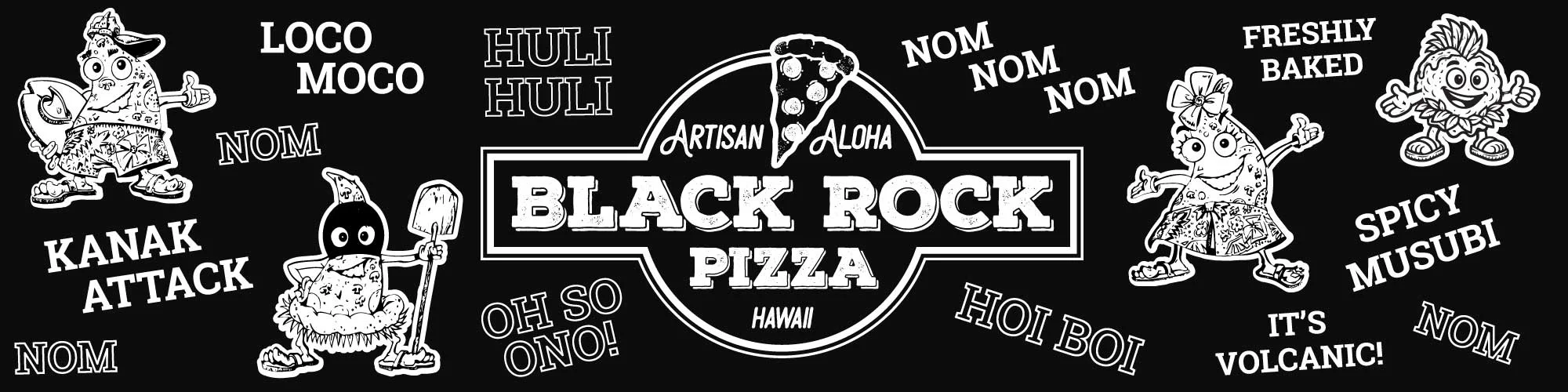 Artisan pizza branding with playful characters and Hawaiian themes