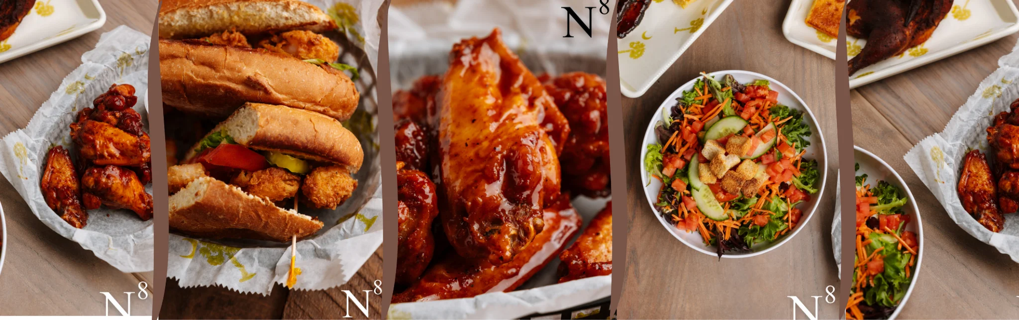 Crispy fried chicken wings and sandwiches in a casual dining setting