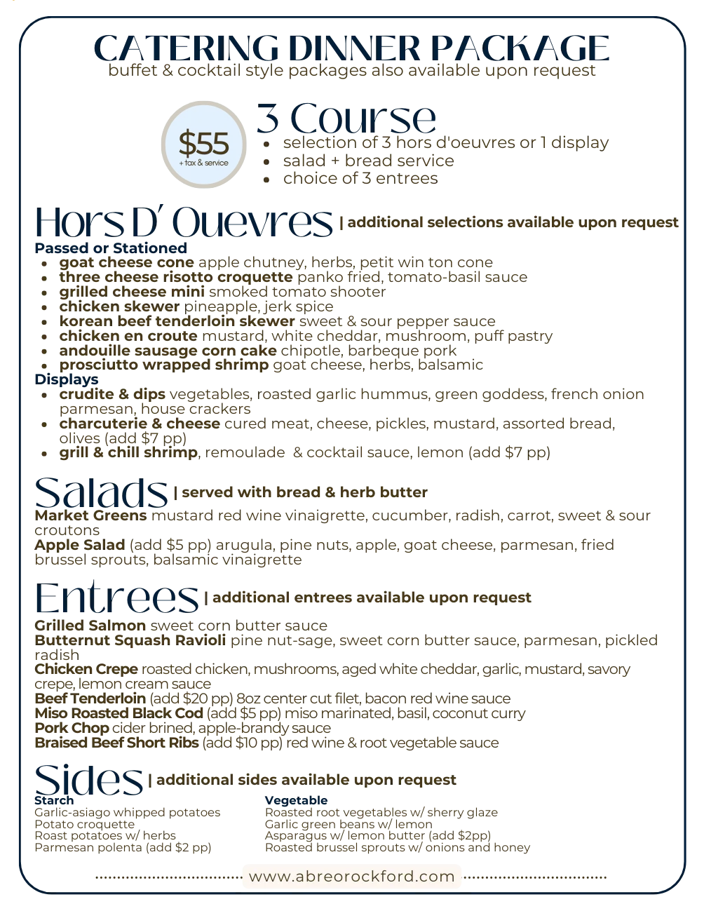 Catering menu featuring diverse hors d'oeuvres and entrees