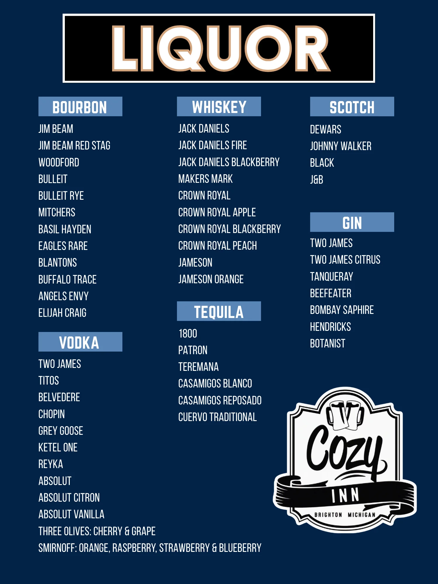 Extensive liquor menu featuring bourbon, whiskey, gin, and tequila selections