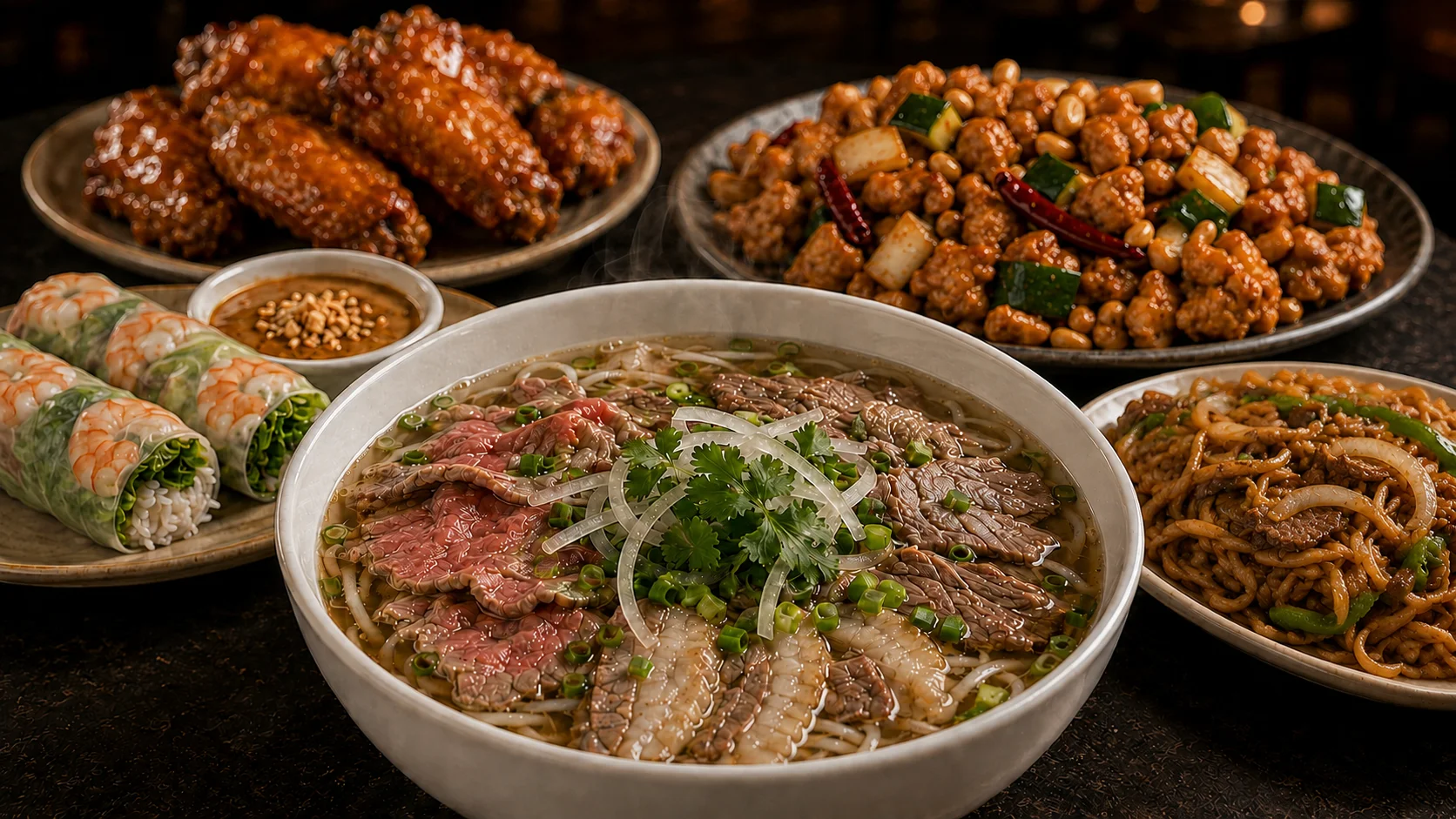 Assorted Asian dishes including pho, spring rolls, and chicken wings