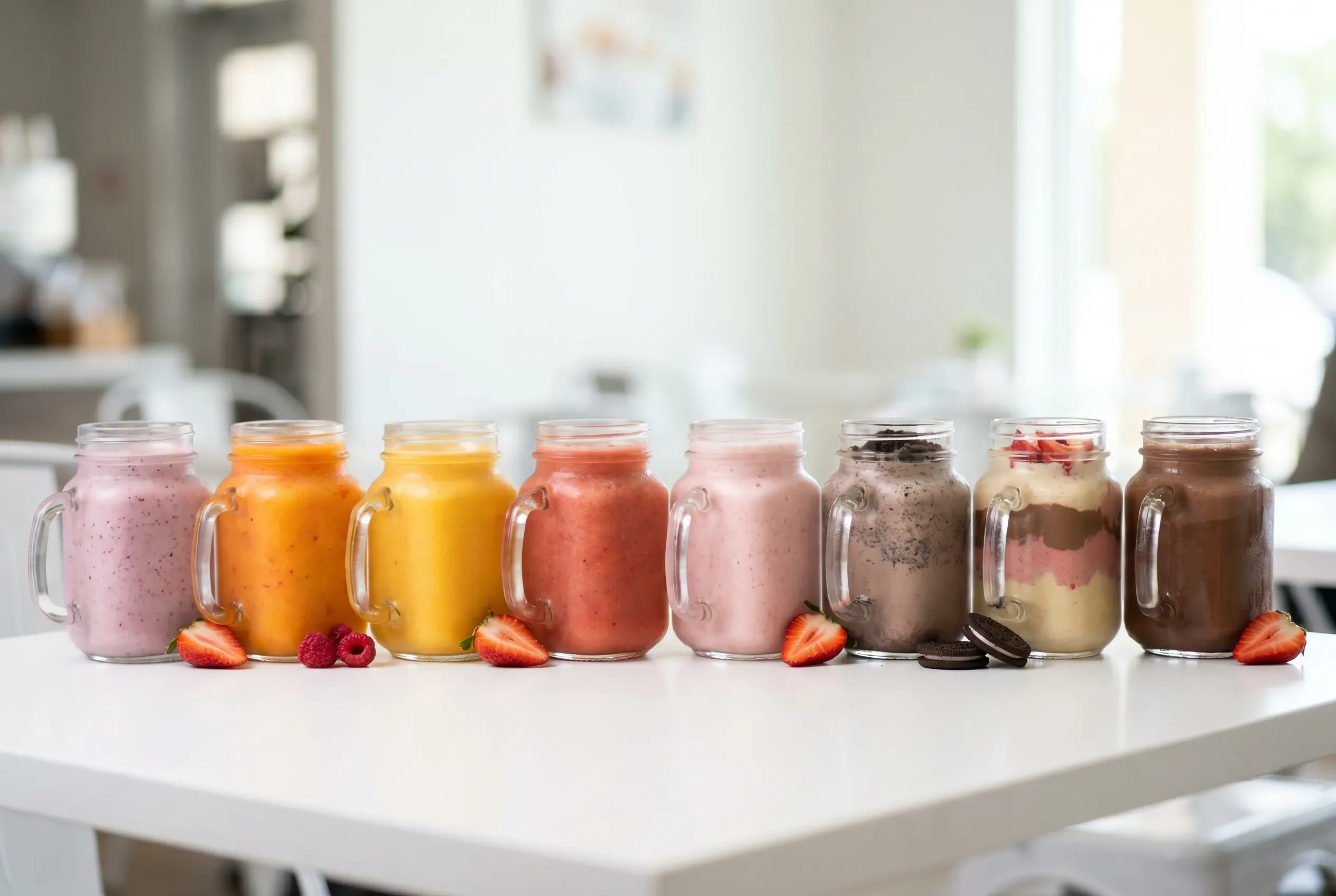 Colorful smoothie jars arranged on a table in a bright cafe