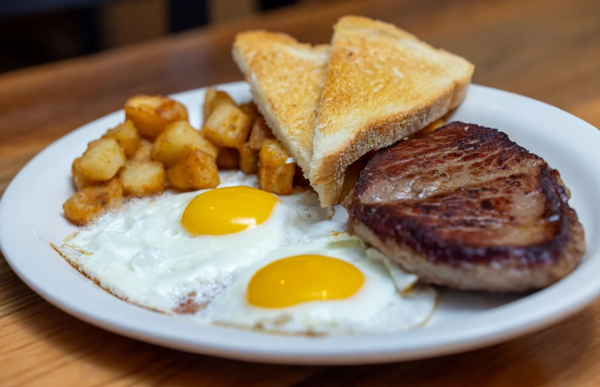 Classic American breakfast plate with eggs, toast, and sausage
