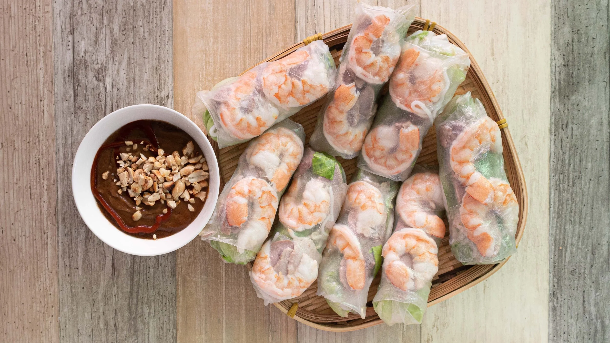 Vietnamese shrimp spring rolls with peanut sauce