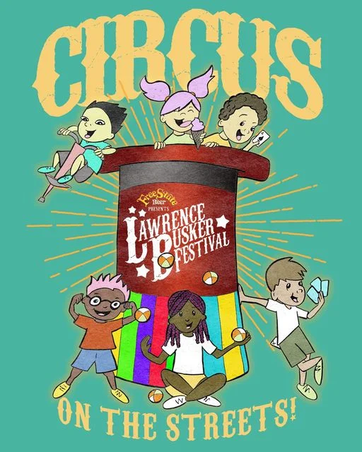 Colorful illustration for Lawrence Busker Festival featuring circus performers