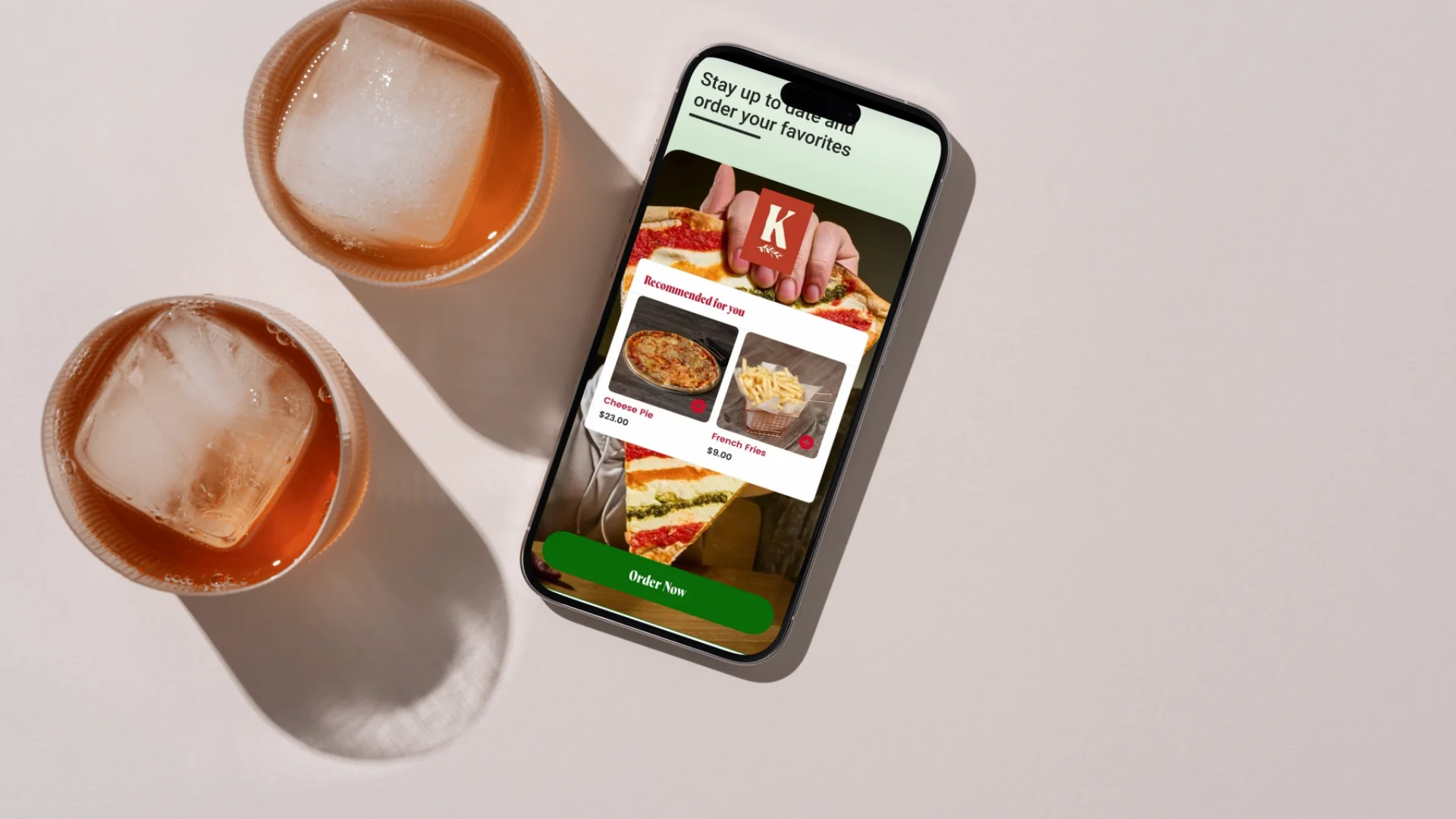 Mobile app displaying cheese pie and fries for online ordering