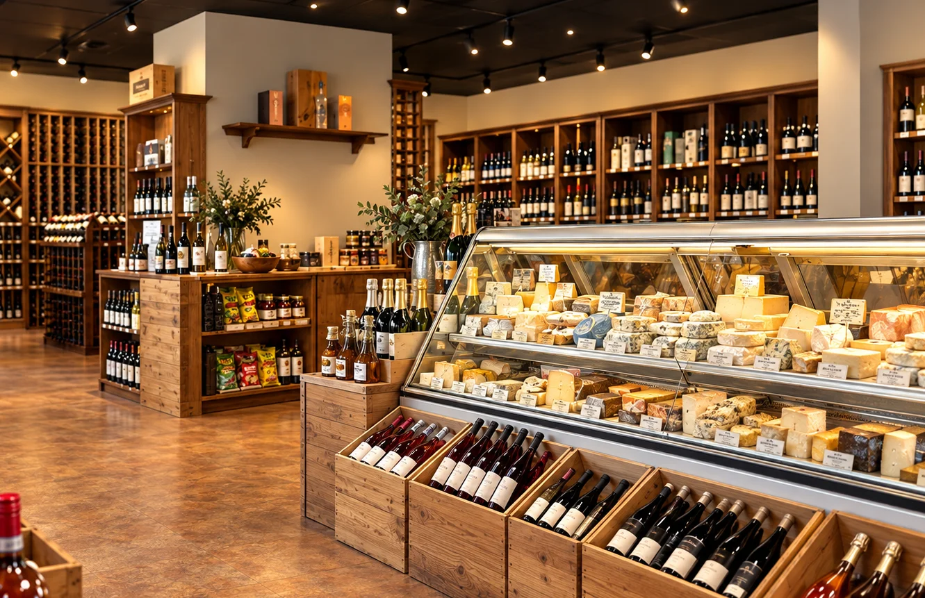 Elegant wine shop interior with cheese display and wooden wine racks