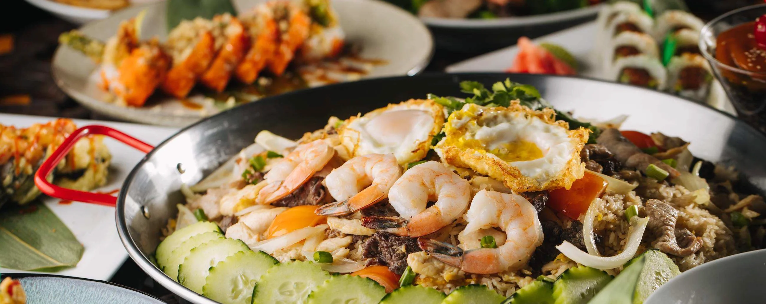 Seafood fried rice platter with shrimp and vegetables