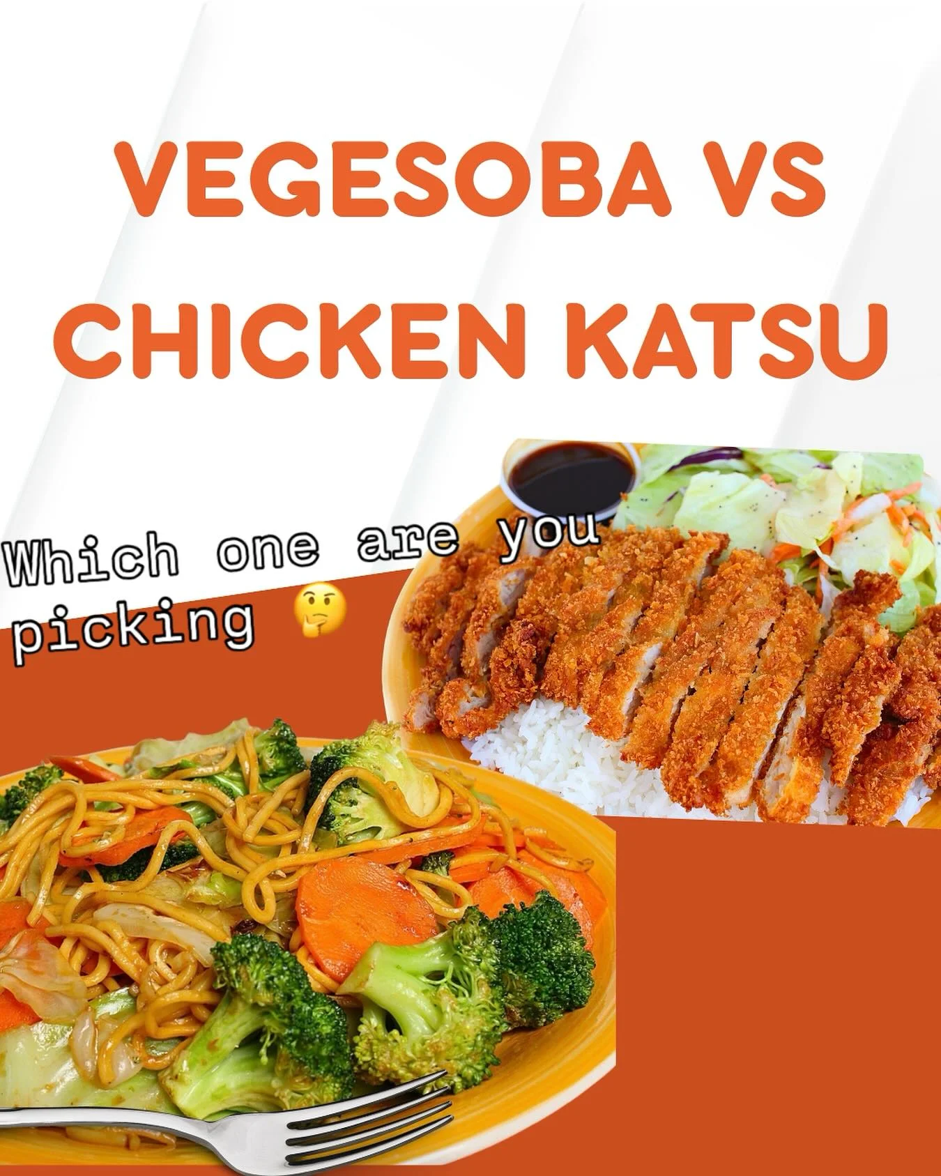 A comparison of two dishes: a colorful stir-fried vegetable soba and crispy chicken katsu with rice and salad.