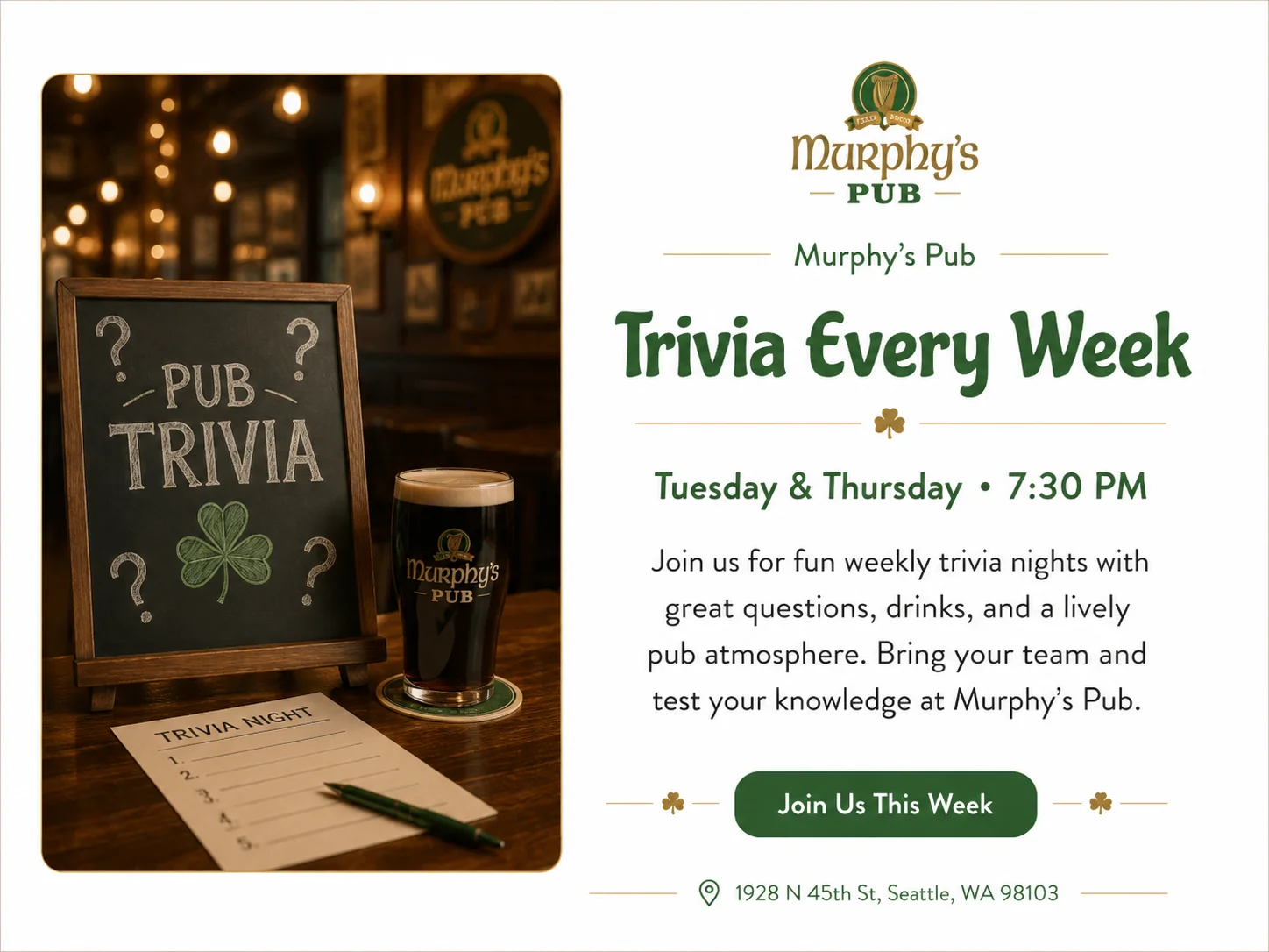 Cozy pub interior with trivia night sign and a pint of beer