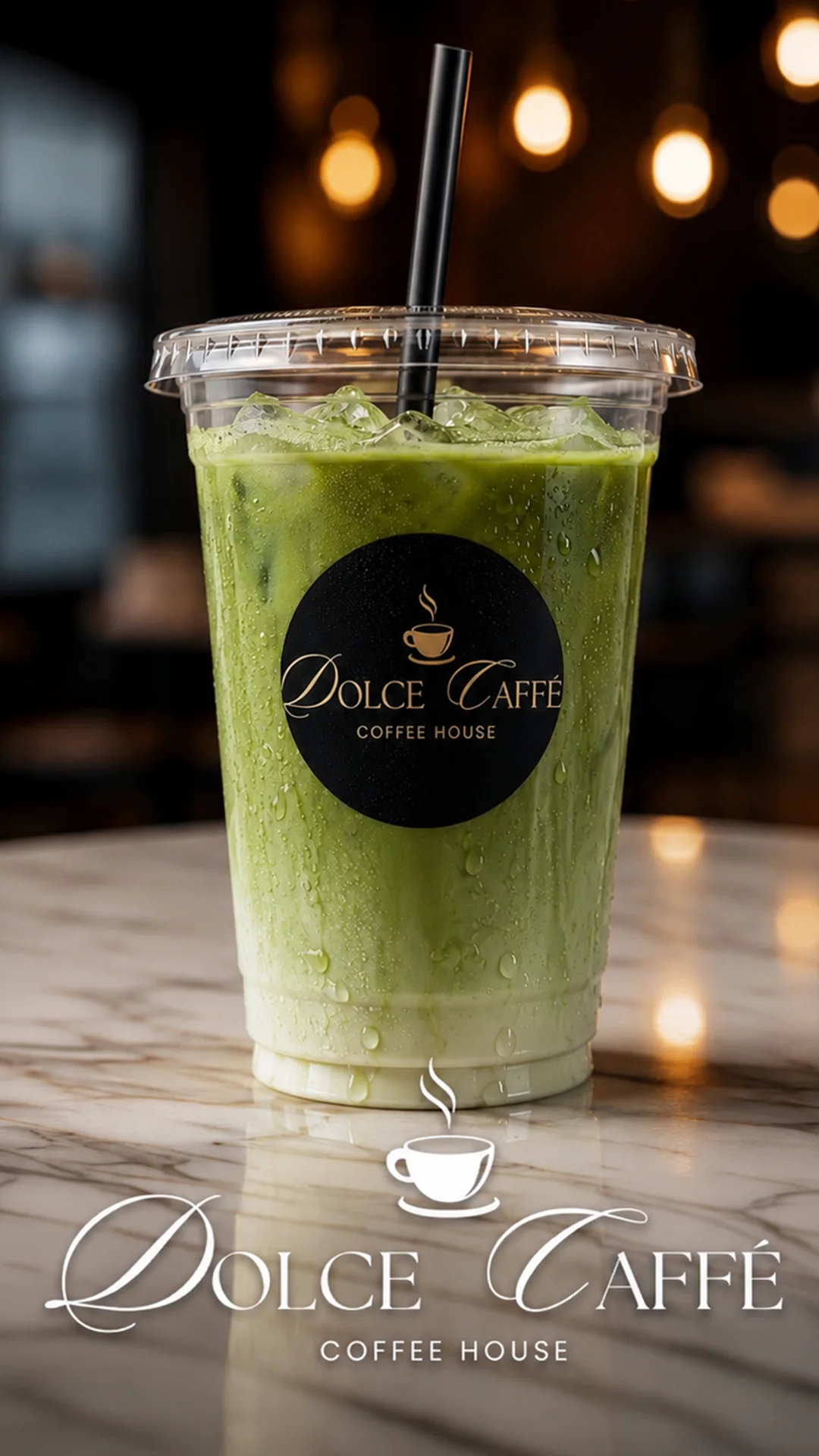 Iced matcha latte in a clear cup