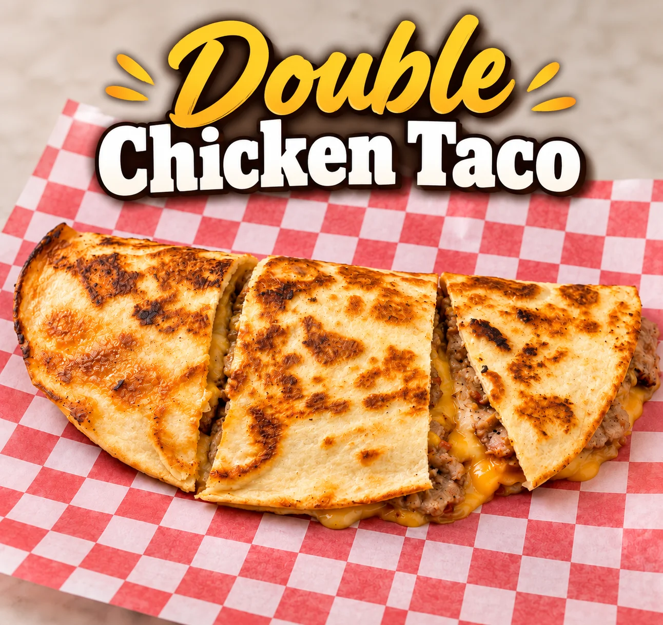 Delicious double chicken taco on a checkered paper plate