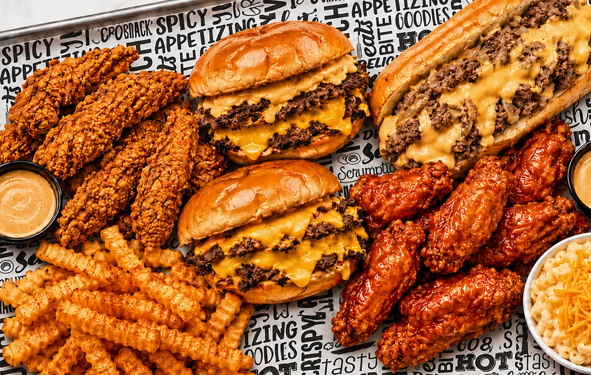 Southern fried chicken sandwich with waffles and crinkle-cut fries