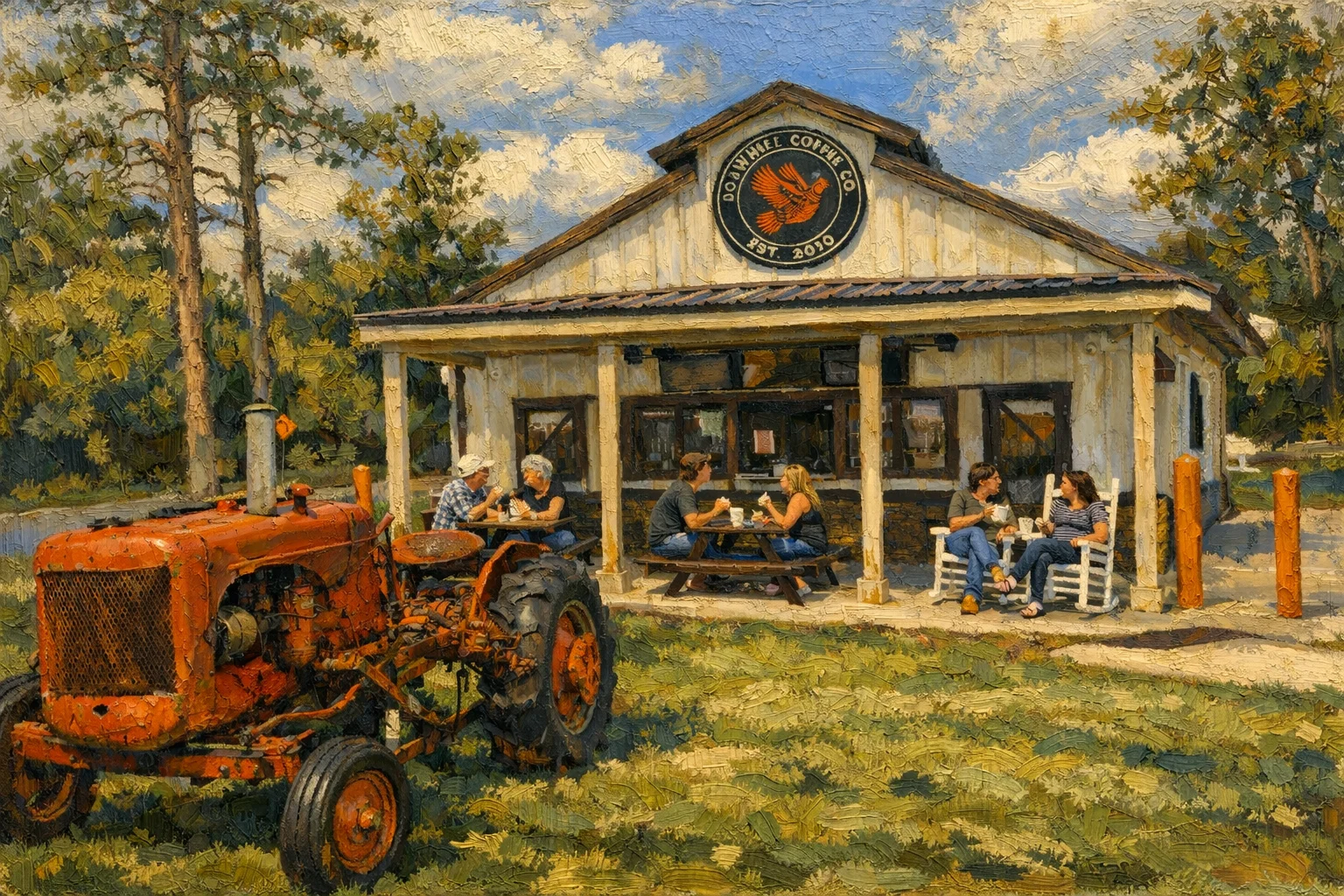 Charming coffee shop with outdoor seating and vintage tractor