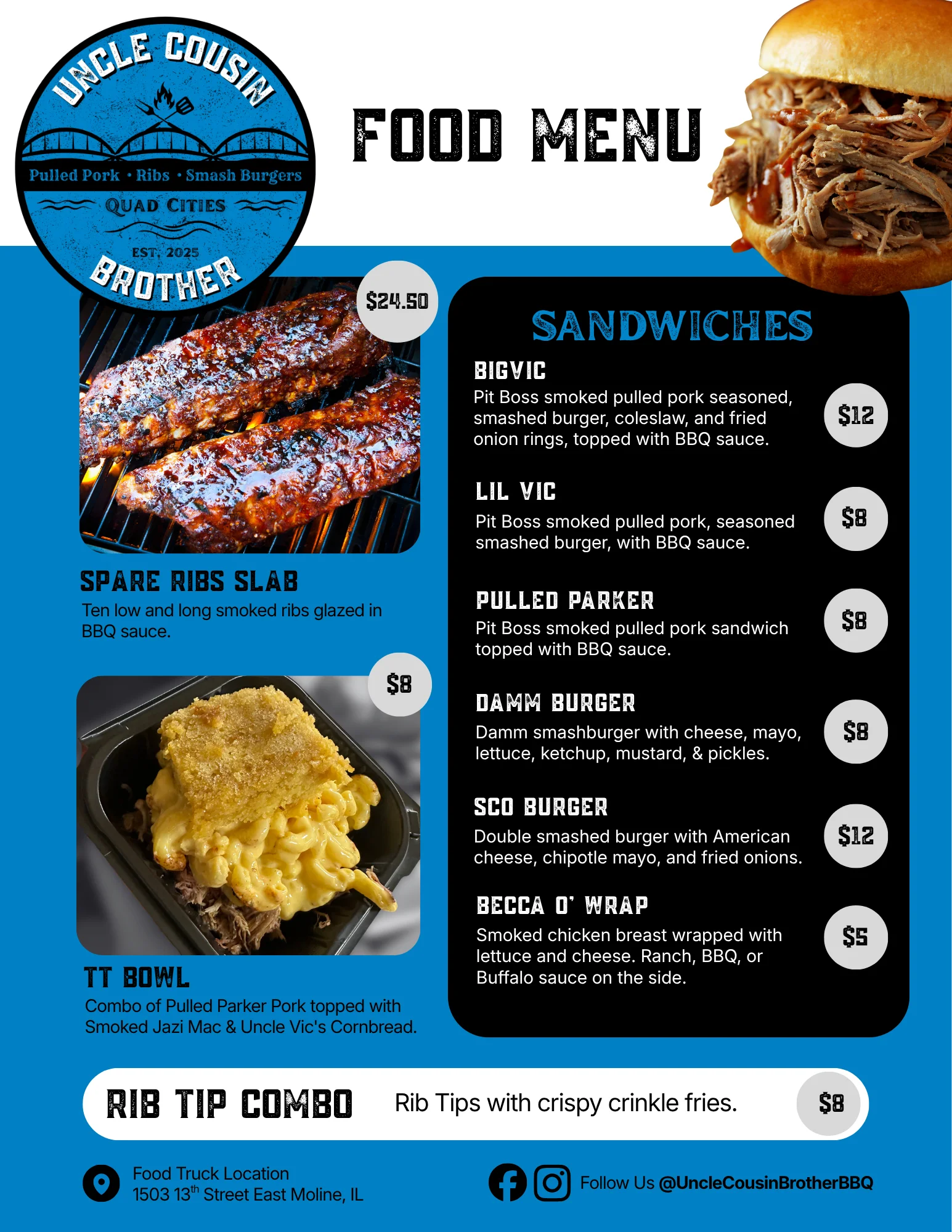 Pop-up food menu featuring various dishes and beverages.
